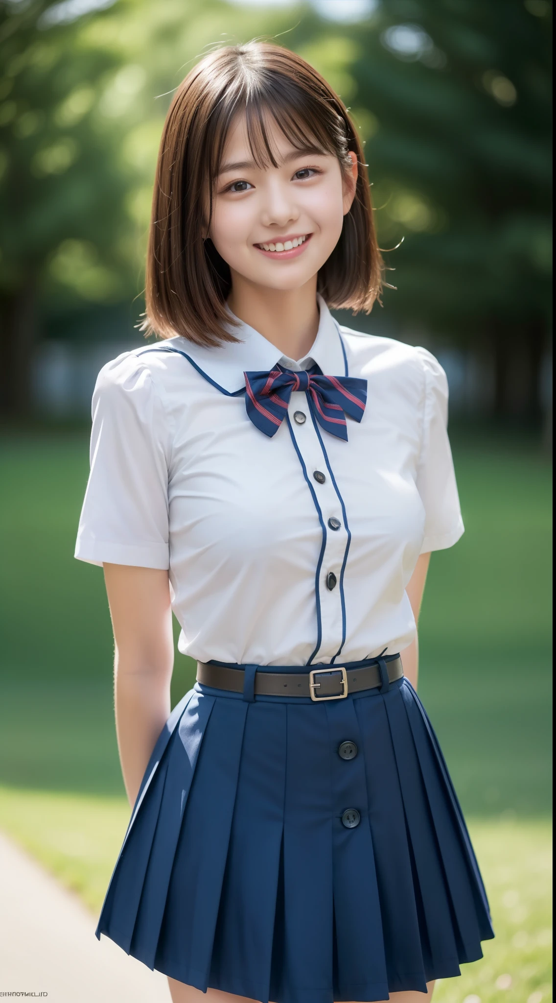 Enhanced dynamic perspective，cute cute  beautiful girl，((school uniform, short sleeve shirt))、((button gap)), short pleated skirt、look at me and smile，simple back gown，works of masters，high quality，4K resolution，super fine，fine pubic hair，Accurate，cinematic lighting，Retain original facial proportions、(huge breasts)、