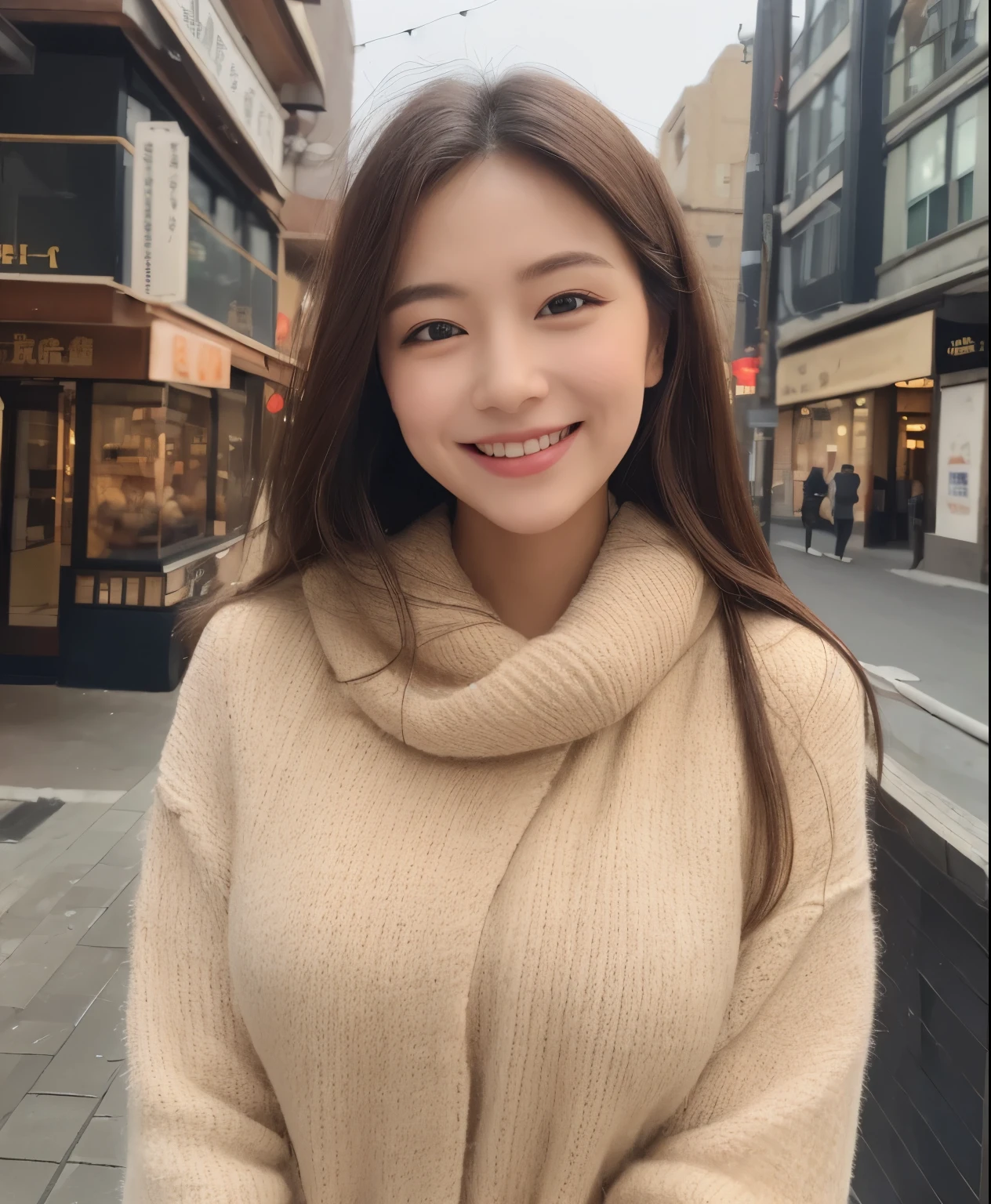 ((highest quality、In 8K、masterpiece:1.3))、supranatural、1 girl、Beautiful woman with plump abs emphasized:1.3、(long haired person、big breasts:1.2)、in the city、super delicate face、sound、double eyelid、toothy smile、wearing winter clothes、look at the camera、big smile、Look at this、Look at me with your eyes wide open、Cozy feeling、Walking around town