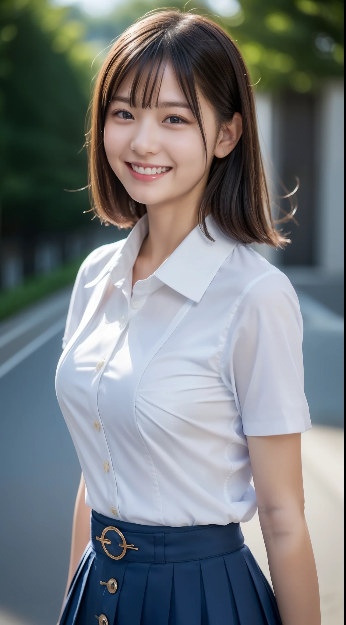 Enhanced dynamic perspective，cute cute 15 year old beautiful girl，((school uniform, short sleeve shirt))、((button gap)), short pleated skirt、look at me and smile，simple back gown，works of masters，high quality，4K resolution，super fine，fine pubic hair，Accurate，cinematic lighting，Retain original facial proportions、(huge breasts)、