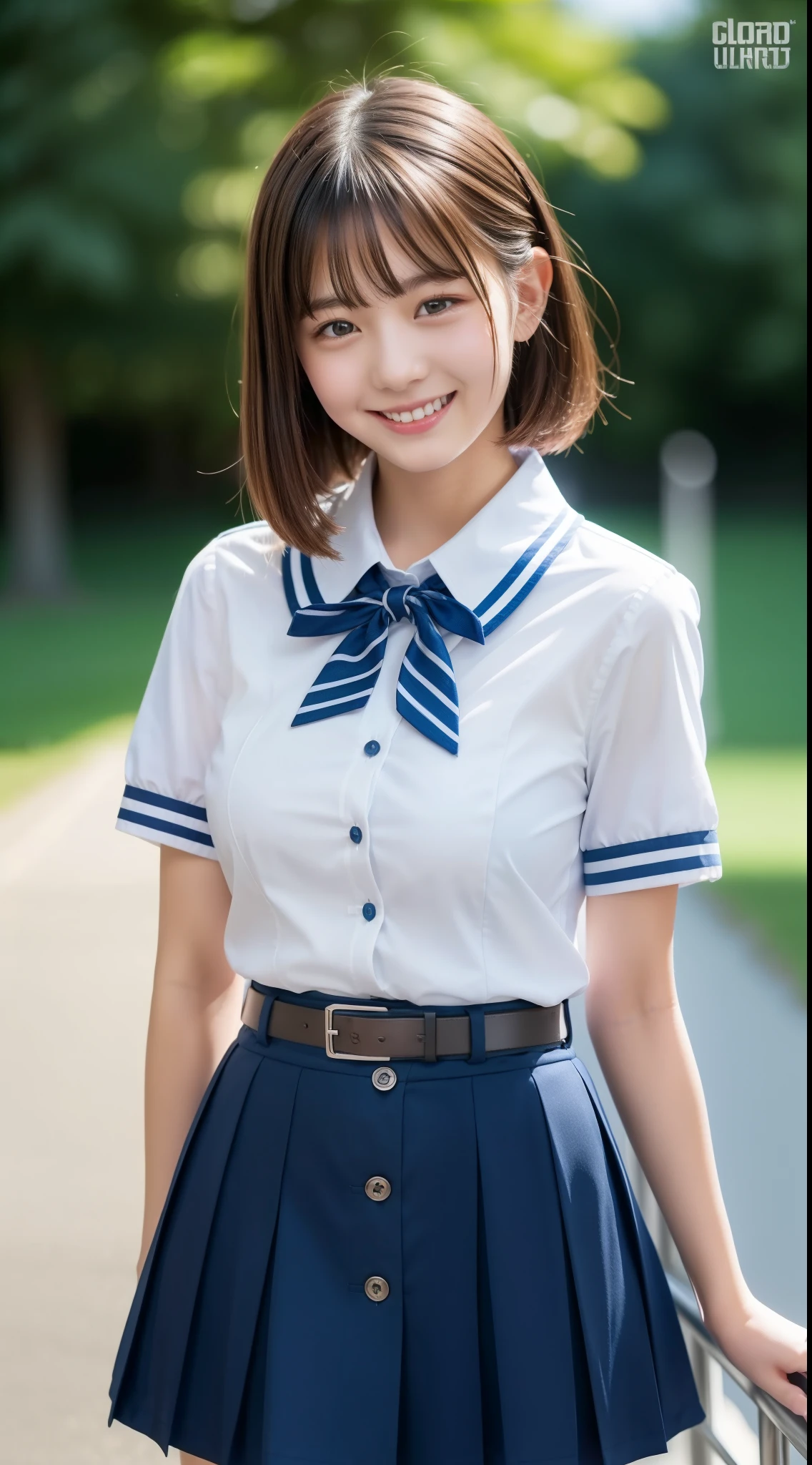 master piece:1.5、１４young girl、Japanese、Braid、cute face、insane precision、delicately drawn hair、perfect anatomy、small breasts、small breasts、healthy body、Very cute、School Idol、smile:0.3、cute pose、hands tied behind one&#39;s back、((collared short sleeve shirt, light blue shirt, school uniform, Grey plaid pleated skirt))、park bench、Landscape with pigeons、highest quality、ultra high resolution、Super detailed、cinematic lighting、professional photographer