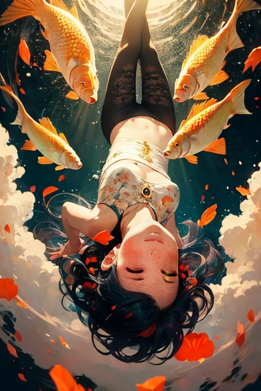 woman floating upside-down in the air, (multi-color hair), limp body, asleep, vibrant opalescent lighting, flecks in the air, dynamic lighting, warm color pallet, knit, brocade, gold carp, strange black fish, poppies, swirling air movement, wide angle, full body view, loose fabric, geometric shapes, small breasts, 