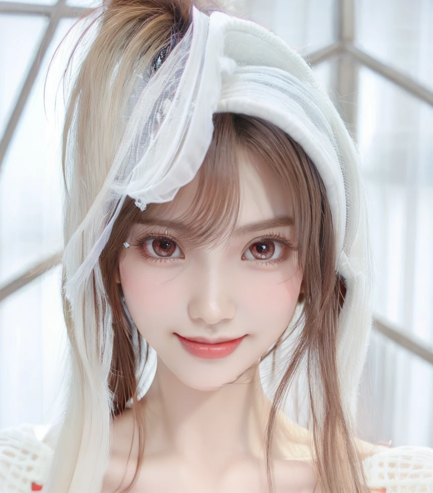 realistic pictures:3、woman、white skin、Beautiful and cute face like a doll、very large and round eyes、Crystal clear ruby red eyes：1.5、high nose、asian beauty、Thin double eyelids、smile、light pink lips、Bright brown hair、Garnet hair ornament on the right side of the head、The cutest in the world