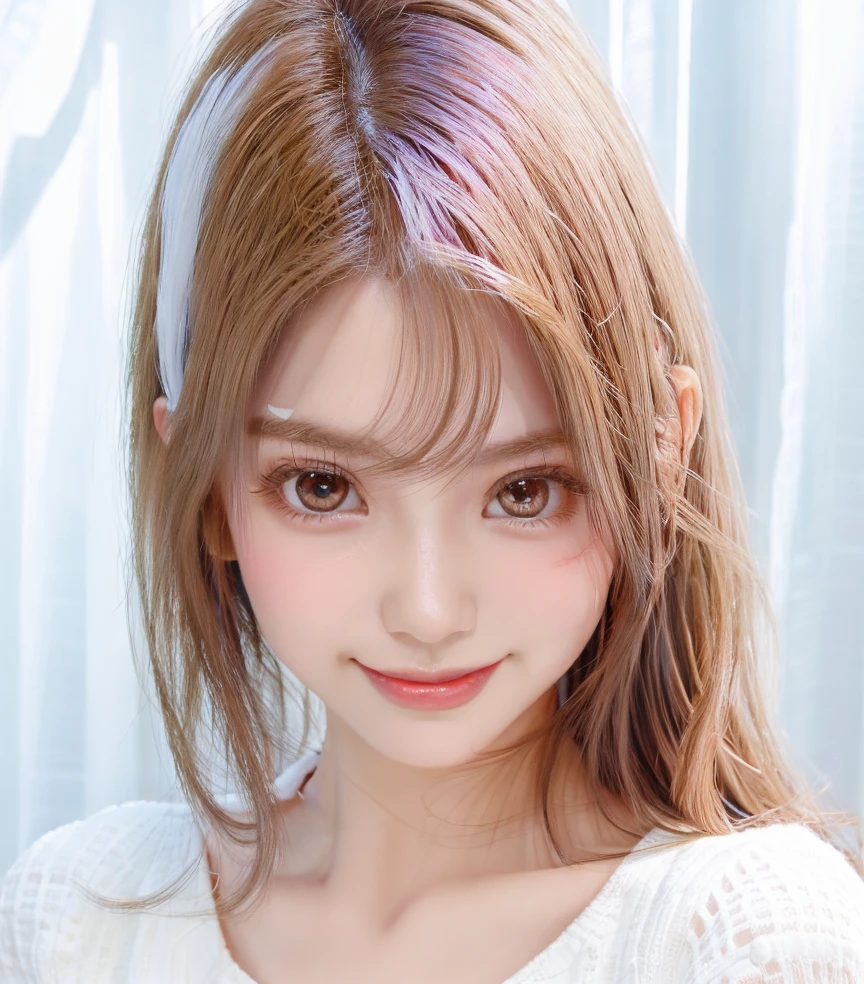 realistic pictures:3、woman、white skin、Beautiful and cute face like a doll、very large and round eyes、Crystal clear ruby red eyes:1.5、high nose、asian beauty、Thin double eyelids、smile、light pink lips、Bright brown hair、Garnet hair ornament on the right side of the head、The cutest in the world
