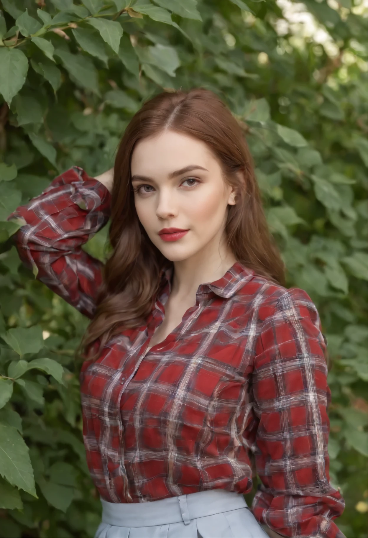1 girl from Scotland, 20 anos, Sozinho, Arte estIt istica, ruiva escocesa, cabelo ruivo vermelho, cabelo ruivo liso, cabelo ruivo na altura dos ombros, olhos azuis, olhos azuis claro, Usando um Tartan xadrez, blusa xadrez, algumas pequenas sardas, pale skin, seios pequenos, corpo de corredor, tiro de corpo inteiro, (Pele texturizada, poros da pele:1.1), (toupeiras:0.8), pele imperfeita, arrepio, (pose with buttocks facing you, Saia Ultra Curta, It is, camisa, Beautiful nature location, around the location of the flower, (fundo detalhado), Xadrez skirt,, Xadrez, manga curta, Uniforme escolar, joia, parted lips, lips