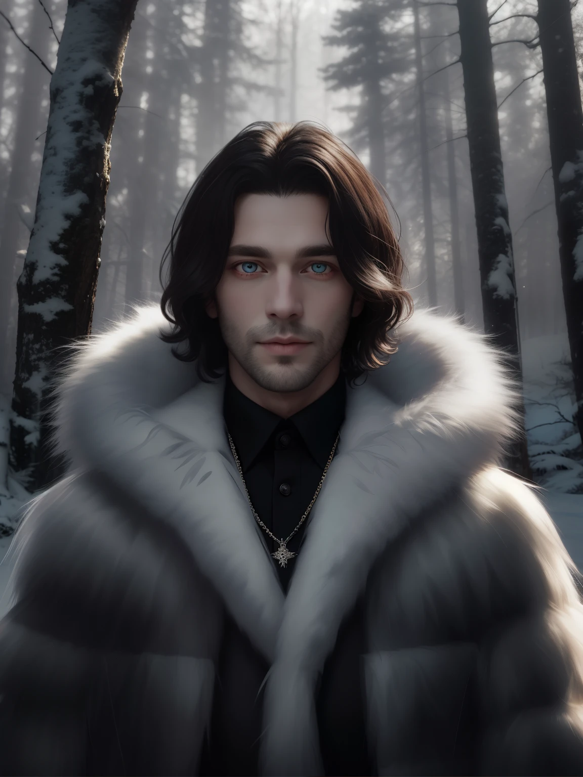 guy with white eyes in a voluminous fur coat, snowy forest in the background, portrait, masterpieceальное качество, Cinematic quality, masterpiece, transparent eyes, sable fur coat, shaggy light fur coat