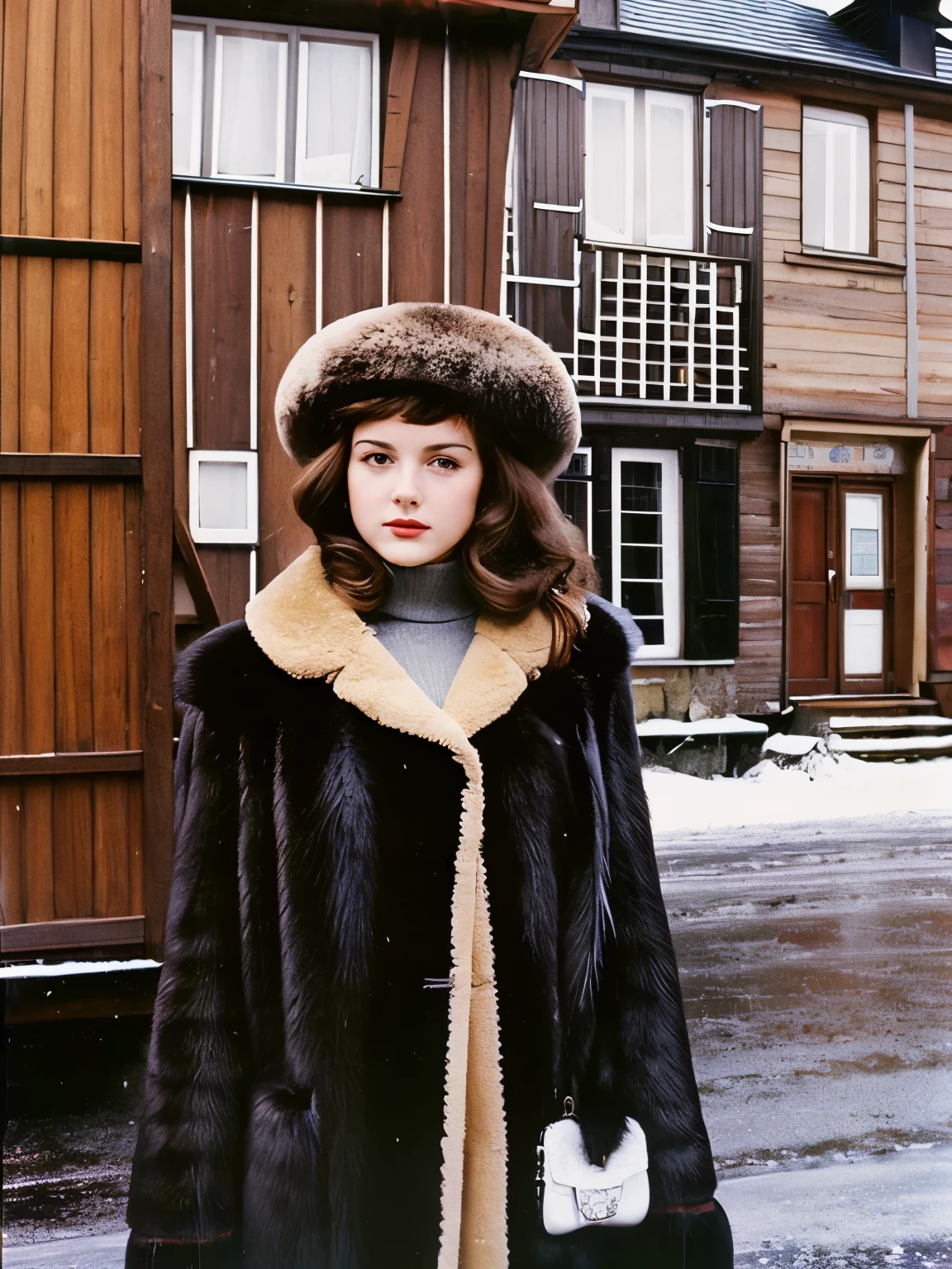 winter, retro photos, high grain, photos of the 80s and 90s, a girl with dark brown hair, plump lips, a serious girl in a mouton black fur coat and a fur hat of the USSR, against the background of wooden black houses and a black car rarity Volga,