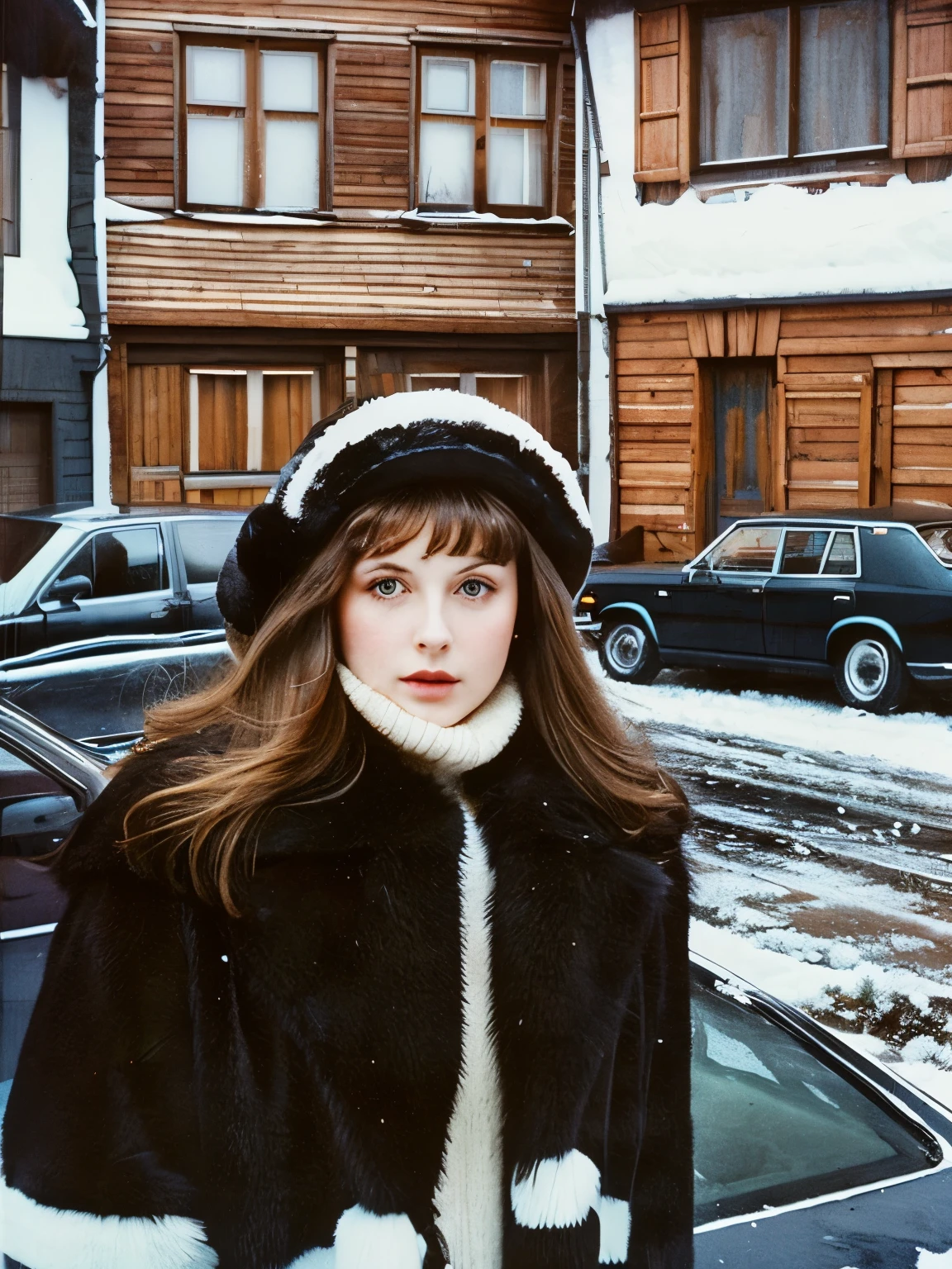 winter, retro photos, high grain, photos of the 80s and 90s, a girl with dark brown hair, plump lips, a serious girl in a mouton black fur coat and a fur hat of the USSR, against the background of wooden black houses and a black car rarity Volga,