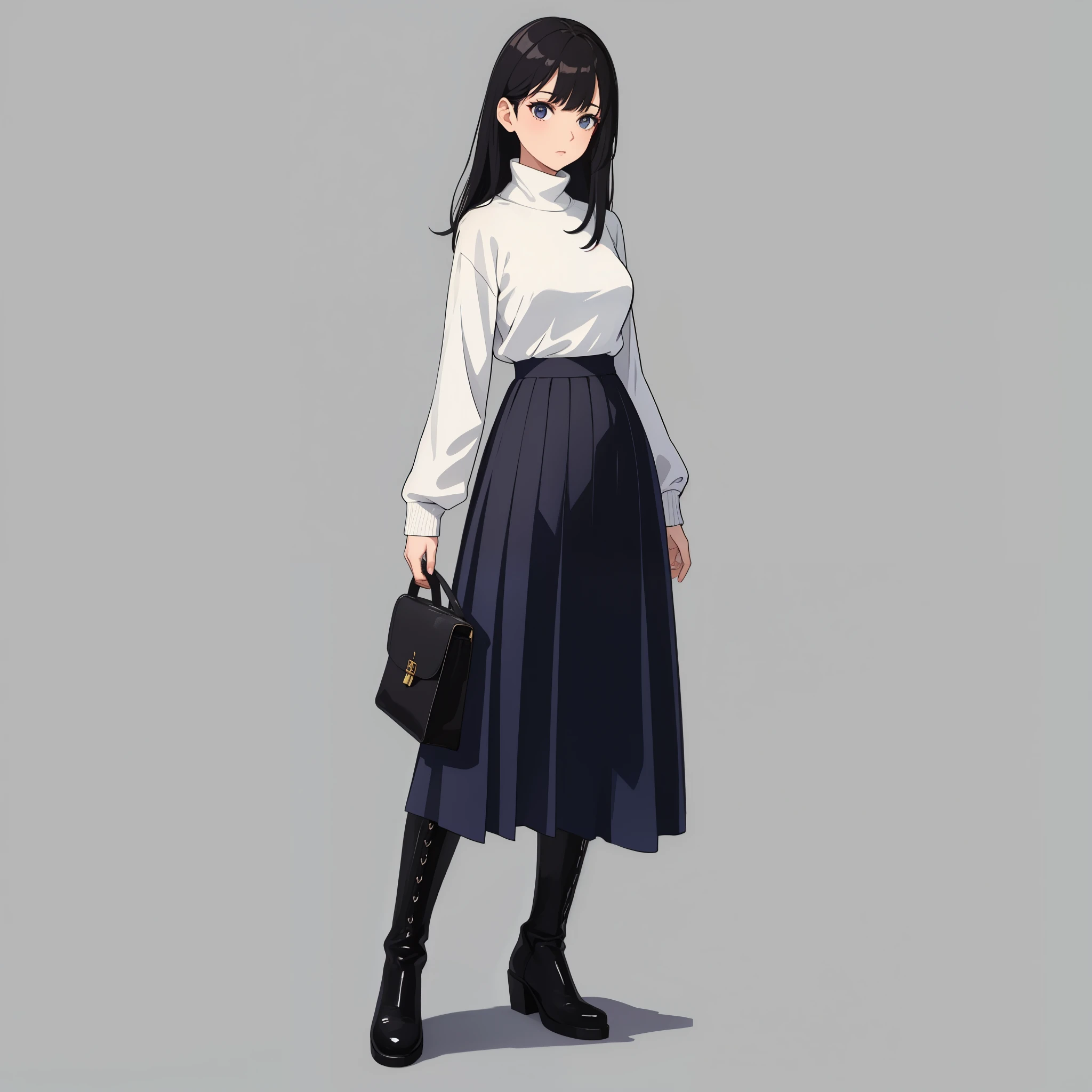 woman、full body shot、blank background、long skirt、Navy turtleneck sweater、looking here、black hair、have bangs、black boots、Draw eyes most accurately、Draw the details of the eyes in detail