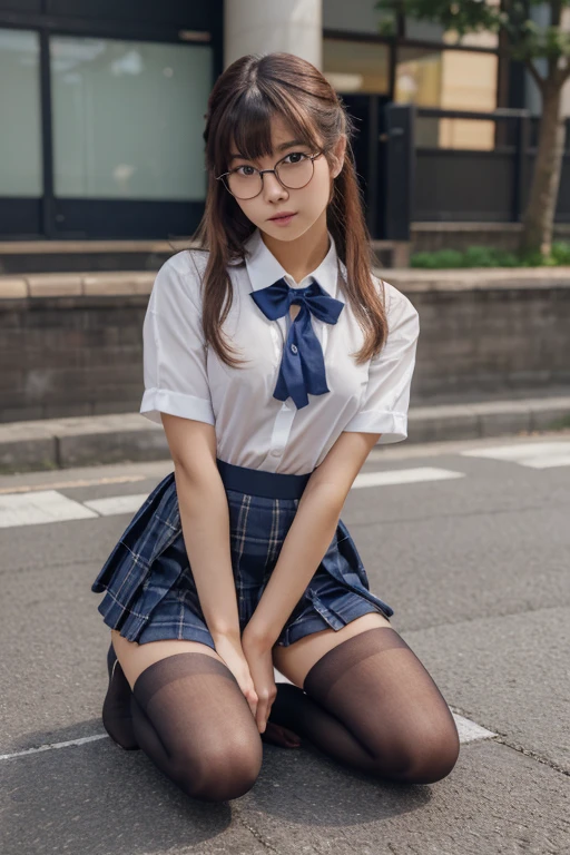 alone, solo, underwear, photo of 20 year old woman, hard, cute, panties, Japan woman ((kpop idol)), small, flat breasts, round glasses, full body, anger, lace panties, sitting, panty shot, spread legs, skirt, uniform, purple colored panties, socks, black hair, shirt, blur, blurred background, blue shirt, loafers, realisticshed from shoulders, knots, brown eyes, black socks, bow tie, pleated skirt, bow, headrest, sideways, outdoor, brown footwear, masterpiece, top quality, super detail,