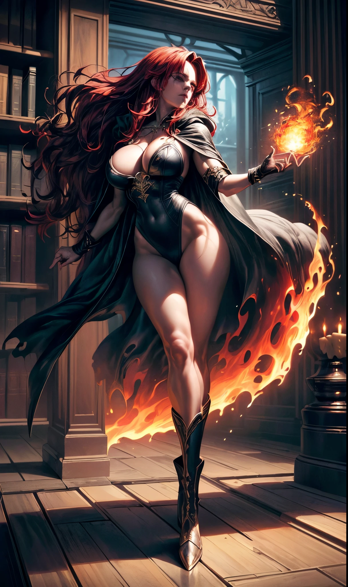 high details, best quality, 8k, [ultra detailed], masterpiece, best quality, (extremely detailed), full body, ultra wide shot, julie bell style (ultra details, Masterpiece, best quality), fantasy art, dnd art,fantasy art, realistic art, a sorceress casting a fire spell in magical library (ultra details, Masterpiece, best quality), exquisite beautiful human woman (ultra details, Masterpiece, best quality), red hair, long hair, (black dress: 1.2), (white cloak: 1.3), high heeled boots (ultra details, Masterpiece, best quality) red fire