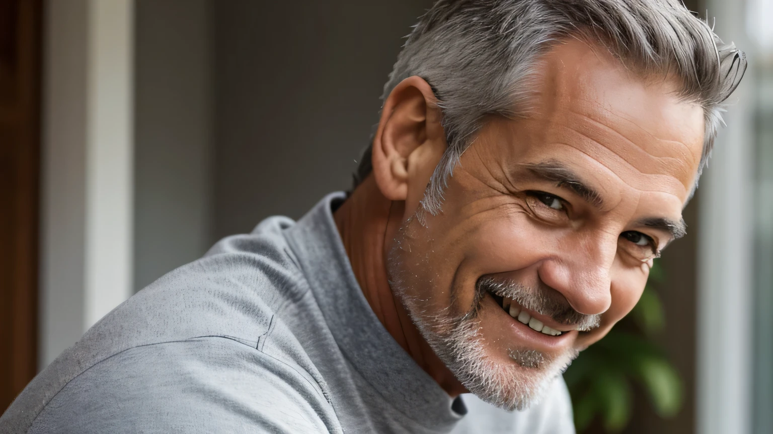 side view, homme dans la cinquantaine, very smiling, cheveux gris, le regard vers le haut