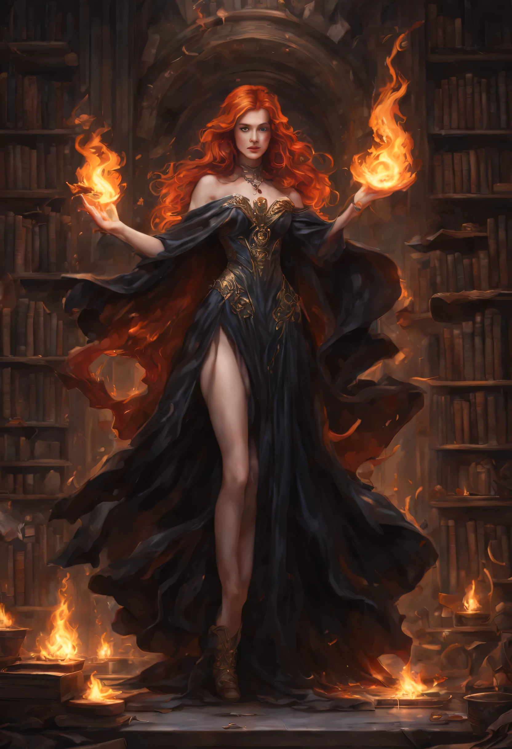 high details, best quality, 8k, [ultra detailed], masterpiece, best quality, (extremely detailed), full body, ultra wide shot, julie bell style (ultra details, Masterpiece, best quality), fantasy art, dnd art,fantasy art, realistic art, a sorceress casting a fire spell in magical library (ultra details, Masterpiece, best quality), exquisite beautiful human woman (ultra details, Masterpiece, best quality), red hair, long hair, (black dress: 1.2), (white cloak: 1.3), high heeled boots (ultra details, Masterpiece, best quality) red fire
