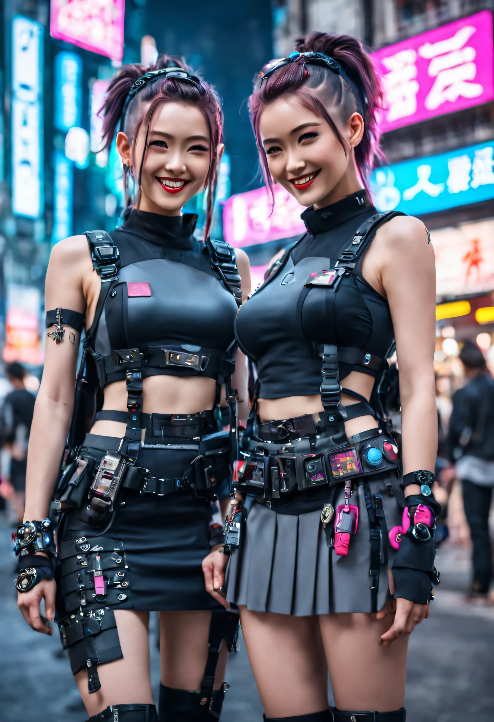 masterpiece, best quality, ((smiling)) cyberpunk girls standing, having grey and grey uniform and black long skirt, Harajuku-inspired cyberpunk body harness, bold colors and patterns, eye-catching accessories, trendy and innovative hairstyle with baroque influence, dazzling Cyberpunk cityscape, skyscrapers, glowing neon signs, LED lights, anime illustration, detailed skin texture, detailed cloth texture, beautiful detailed face, intricate details, ultra detailed, cinematic lighting, strong contrast.