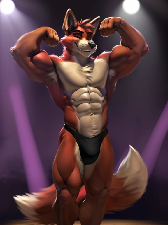 4k, high resolution, best quality, perfect colors, perfect shadows, perfect lighting, posted on e621, correct body proportions, (soft realistic colours), furry body, solo, anthro (fox) male, Foxy the pirate, 
FNAF,  (middle-aged:1.4), full length, brutal, (very muscular, abs, bodybuilder build, ripped, manly, (muscular:1.5), (heavyweight:1.3), ((anatomically correct fox tail)), bare torso, correct anatomy, (realistic fur texture, hairs:1.4), detailed background, venue background, bodybuilding contest, (correct hands), artificial lighting, spotlights, stage, (by Chunie), (correct eyes:1.3), posing, (back muscle flexing :1.4), (posing thong:1.0), oiled fur, smug, view from the back, back muscles relief