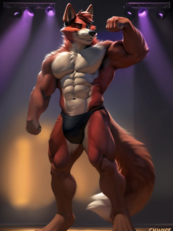 4k, high resolution, best quality, perfect colors, perfect shadows, perfect lighting, posted on e621, correct body proportions, (soft realistic colours), furry body, solo, anthro (fox) male, Foxy the pirate, 
FNAF,  (middle-aged:1.4), full length, brutal, (very muscular, abs, bodybuilder build, ripped, manly, (muscular:1.5), (heavyweight:1.3), ((anatomically correct fox tail)), bare torso, correct anatomy, (realistic fur texture, hairs:1.4), detailed background, venue background, bodybuilding contest, (correct hands), artificial lighting, spotlights, stage, (by Chunie), (correct eyes:1.3), posing, (back muscle flexing :1.4), (posing thong:1.0), oiled fur, smug, view from the back, back muscles relief