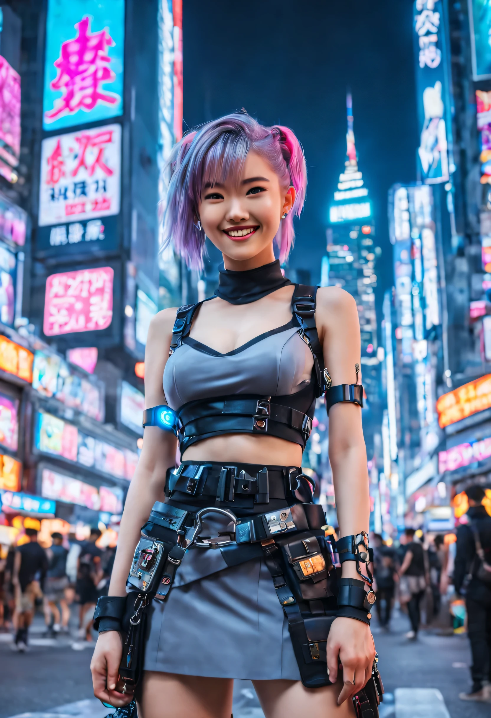masterpiece, best quality, ((smiling)) cyberpunk girls standing, having grey and grey uniform and black long skirt, Harajuku-inspired cyberpunk body harness, bold colors and patterns, eye-catching accessories, trendy and innovative hairstyle with baroque influence, dazzling Cyberpunk cityscape, skyscrapers, glowing neon signs, LED lights, anime illustration, detailed skin texture, detailed cloth texture, beautiful detailed face, intricate details, ultra detailed, cinematic lighting, strong contrast.