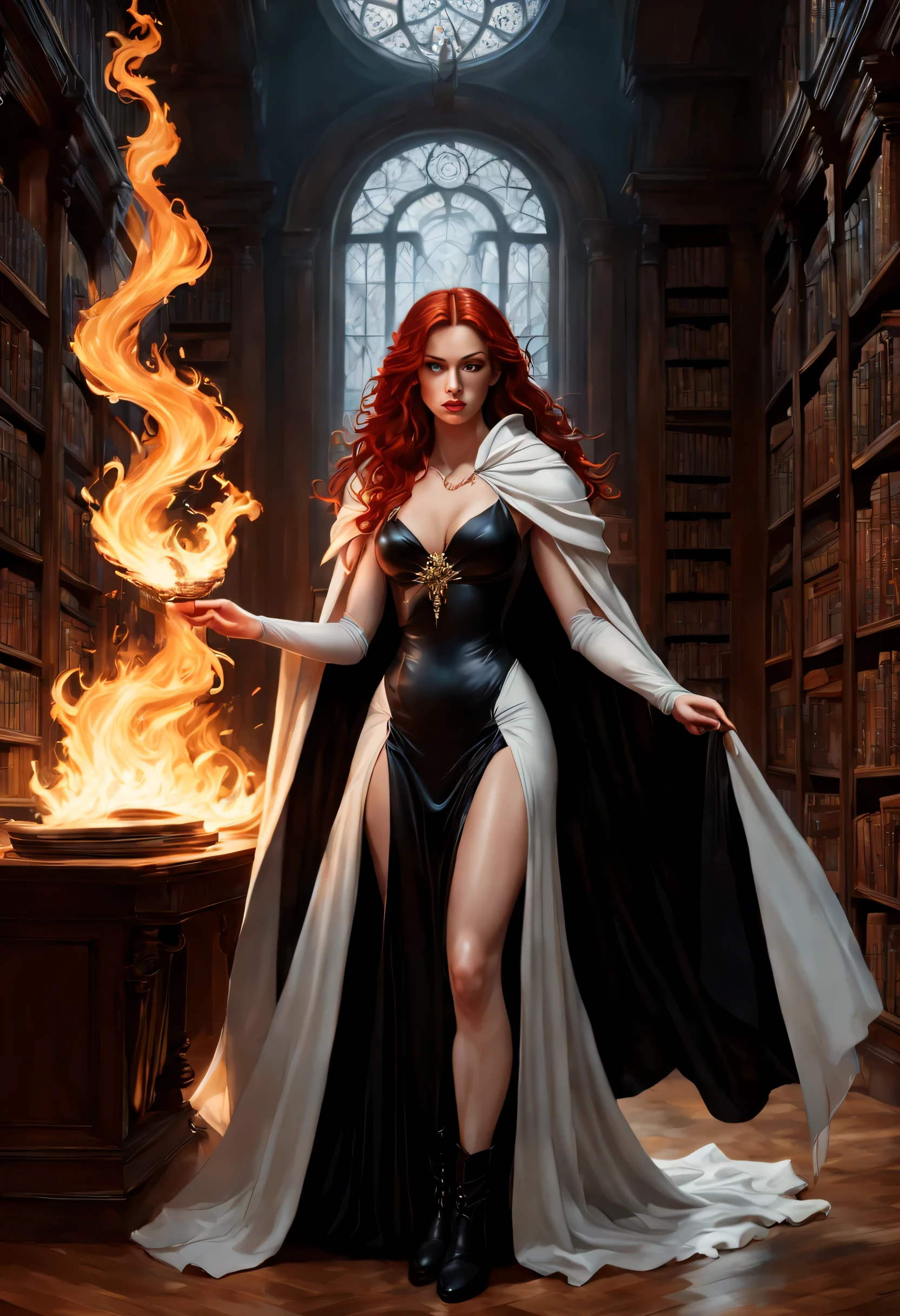 high details, best quality, 8k, [ultra detailed], masterpiece, best quality, (extremely detailed), full body, ultra wide shot, julie bell style (ultra details, Masterpiece, best quality), fantasy art, dnd art,fantasy art, realistic art, a sorceress casting a fire spell in magical library (ultra details, Masterpiece, best quality), exquisite beautiful human woman (ultra details, Masterpiece, best quality), red hair, long hair, (black dress: 1.2), (white cloak: 1.3), high heeled boots (ultra details, Masterpiece, best quality) red fire