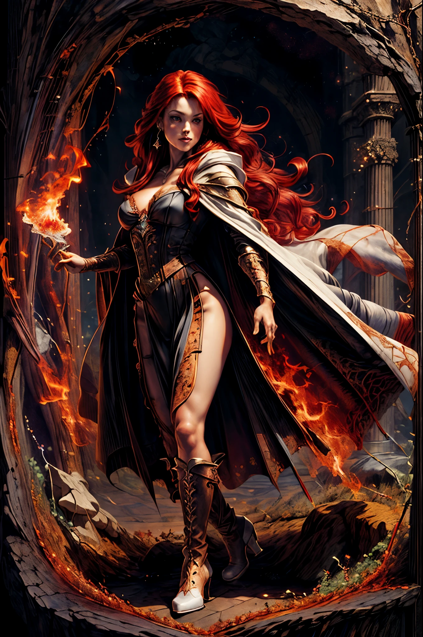 high details, best quality, 8k, [ultra detailed], masterpiece, best quality, (extremely detailed), full body, ultra wide shot, julie bell style (ultra details, Masterpiece, best quality), fantasy art, dnd art,fantasy art, realistic art, a sorceress casting a fire spell in magical library (ultra details, Masterpiece, best quality), exquisite beautiful human woman (ultra details, Masterpiece, best quality), red hair, long hair, (black dress: 1.2), (white cloak: 1.3), high heeled boots (ultra details, Masterpiece, best quality) red fire