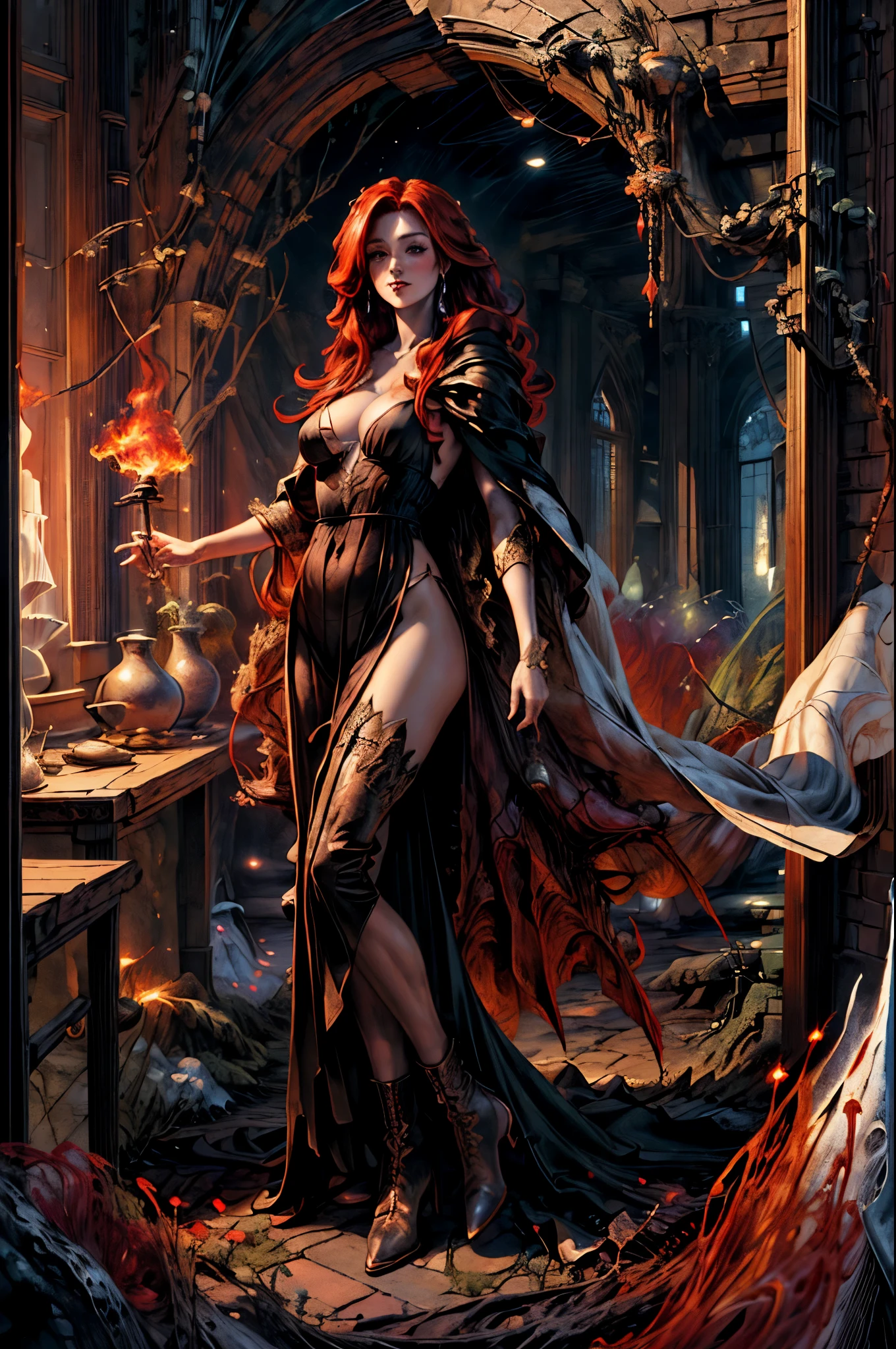 high details, best quality, 8k, [ultra detailed], masterpiece, best quality, (extremely detailed), full body, ultra wide shot, julie bell style (ultra details, Masterpiece, best quality), fantasy art, dnd art,fantasy art, realistic art, a sorceress casting a fire spell in magical library (ultra details, Masterpiece, best quality), exquisite beautiful human woman (ultra details, Masterpiece, best quality), red hair, long hair, (long black dress: 1.2), (white cloak: 1.3), high heeled boots (ultra details, Masterpiece, best quality) red fire