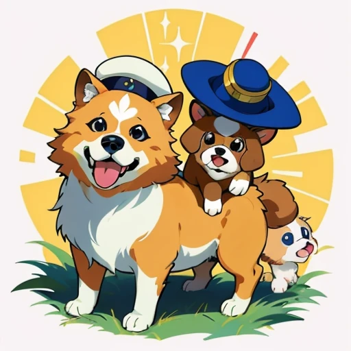 Baby collie or border collie, Golden Retriever,A puppy wearing a fluffy imperial dress and a hat on its head, arte oficial, , Sobre, retrato estilo anime, estilo de arte anime moe, estilo anime 2d, estilo de arte fofo, anime estilizado, estilo de arte de anime, estilo anime. 8k, estilo anime 4k, estilo de arte de anime, Arte digital de anime!!、Filhote de cachorro branco、fofo、Baby Golden Retriever、branca、vigoroso、Um sorriso encantador、Filhote de cachorro deformado、Levante as patas dianteiras、Filhote de cachorro deformado、dynamic poses、((obra-prima))、(((maximum quality))、Chibi Chara、