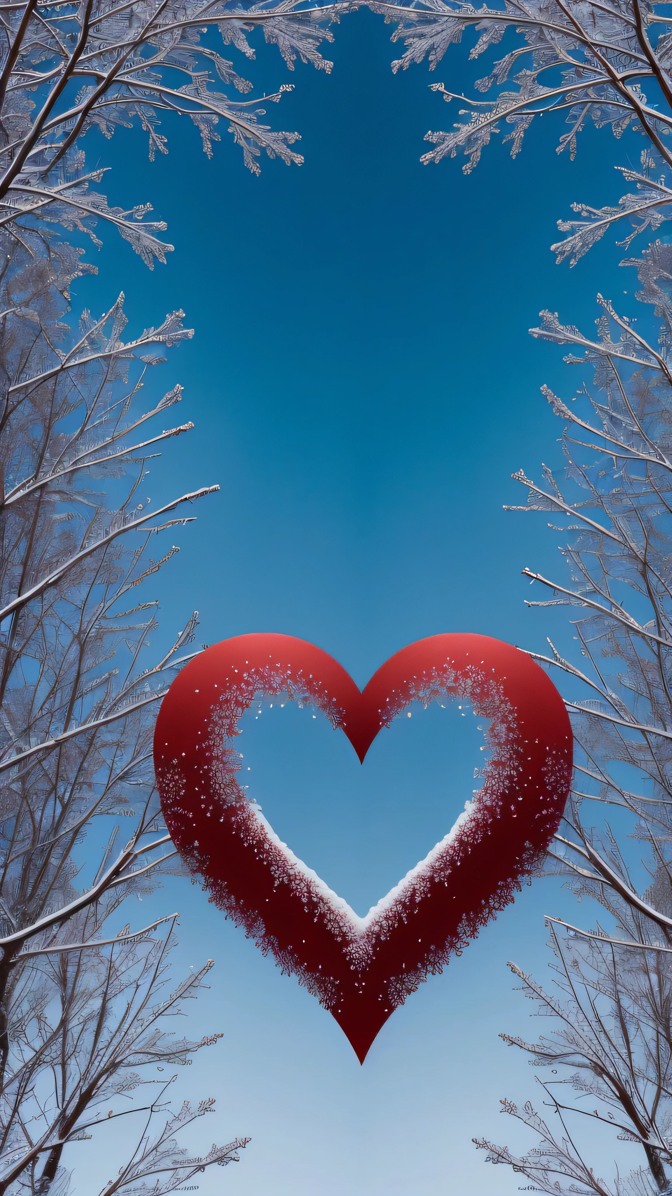 raw photo,Beautiful symmetrical red matte heart  ,blue snowflakes and white birds in the distance,. High image detail,Clear Focus, High Quality 8K,high contrast,