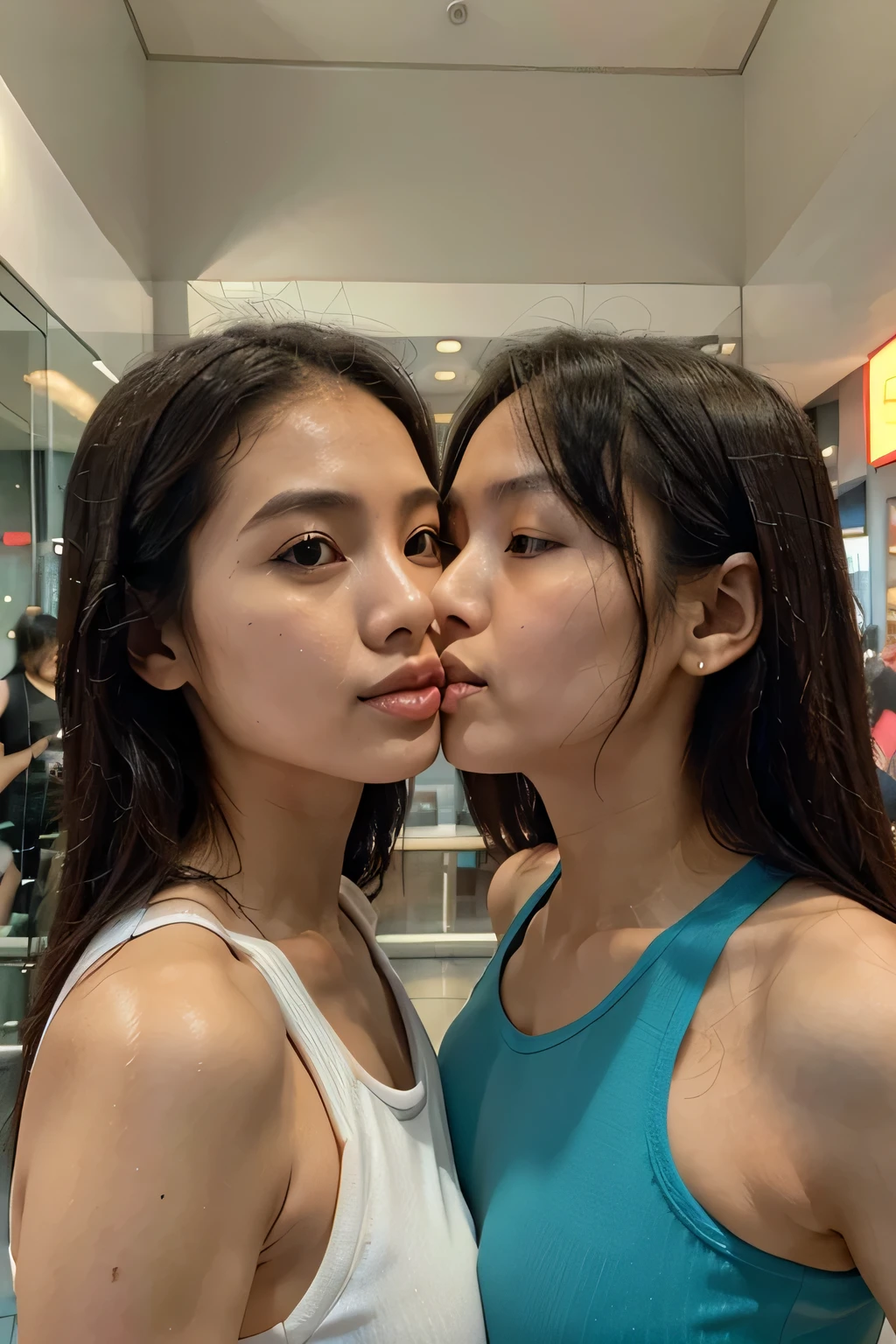 2 Hong Kong woman close friends, 30 years old, slim, kiss, gym, closeup photo, sportwear, friends, hyper realistic, symmetric face, symmetric body