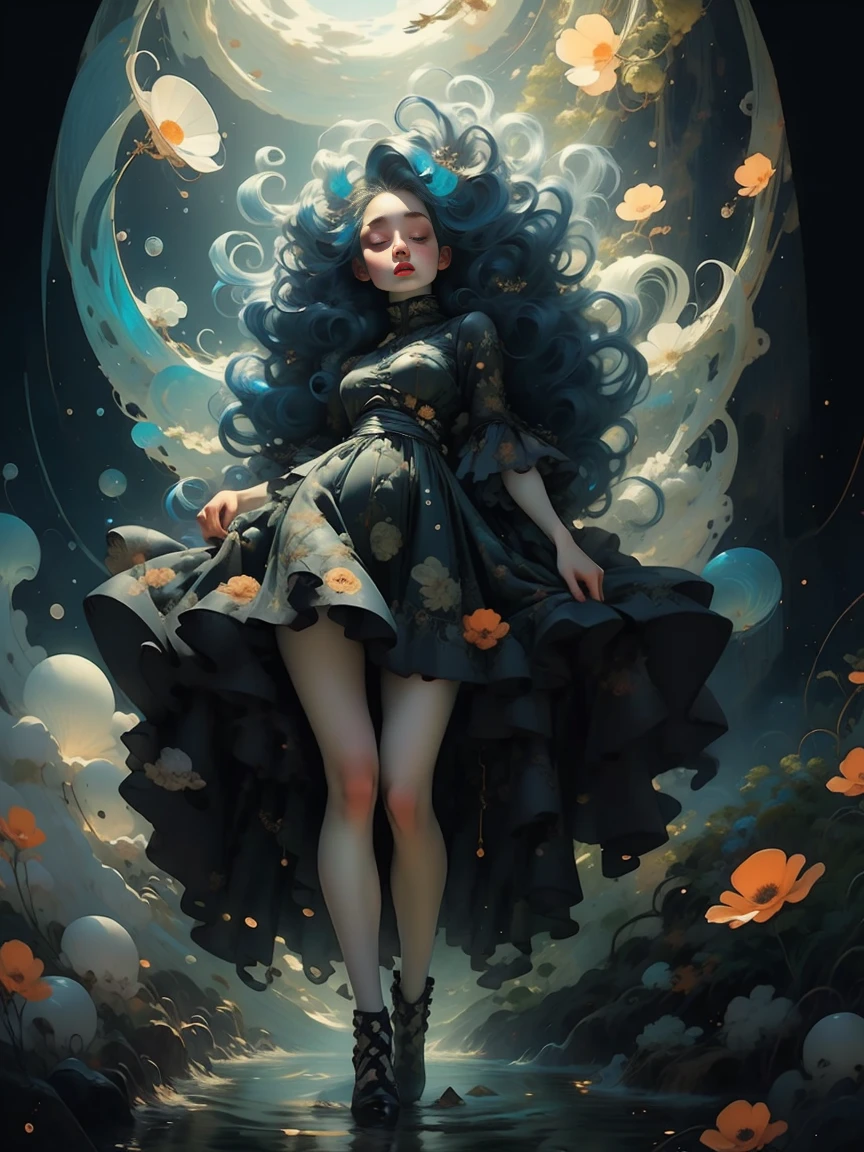 woman floating in the air, (multi-color hair), limp body, asleep, vibrant opalescent lighting, flecks in the air, dynamic lighting, warm color pallet, knit, brocade, gold carp, strange black fish, poppies, swirling air movement, wide angle, full body view, loose fabric, geometric shapes, small breasts, sherbet, persimmon,