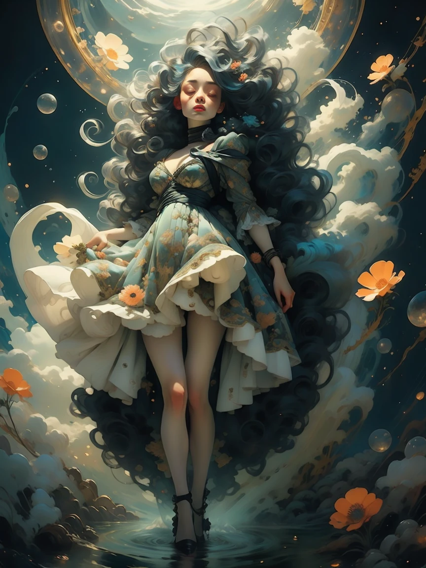 woman floating in the air, (multi-color hair), limp body, asleep, vibrant opalescent lighting, flecks in the air, dynamic lighting, warm color pallet, knit, brocade, gold carp, strange black fish, poppies, swirling air movement, wide angle, full body view, loose fabric, geometric shapes, small breasts, sherbet, persimmon, 