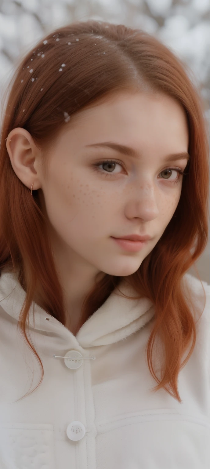 arafed image of a woman with a furry coat and a cat, attractive female face!!!, androgynous face, nose piercing, small nose with freckles, freckles on the nose, pointy nose, small freckles, small lips pointy nose, perfect detailed face, facial piercings, cute freckles, piercing stare, thin button nose, buetifull, red hair, hair parted to the side, full-body view, full-body view, full-body view, snow white colored skin, pale skin, cute face, cute face, young,