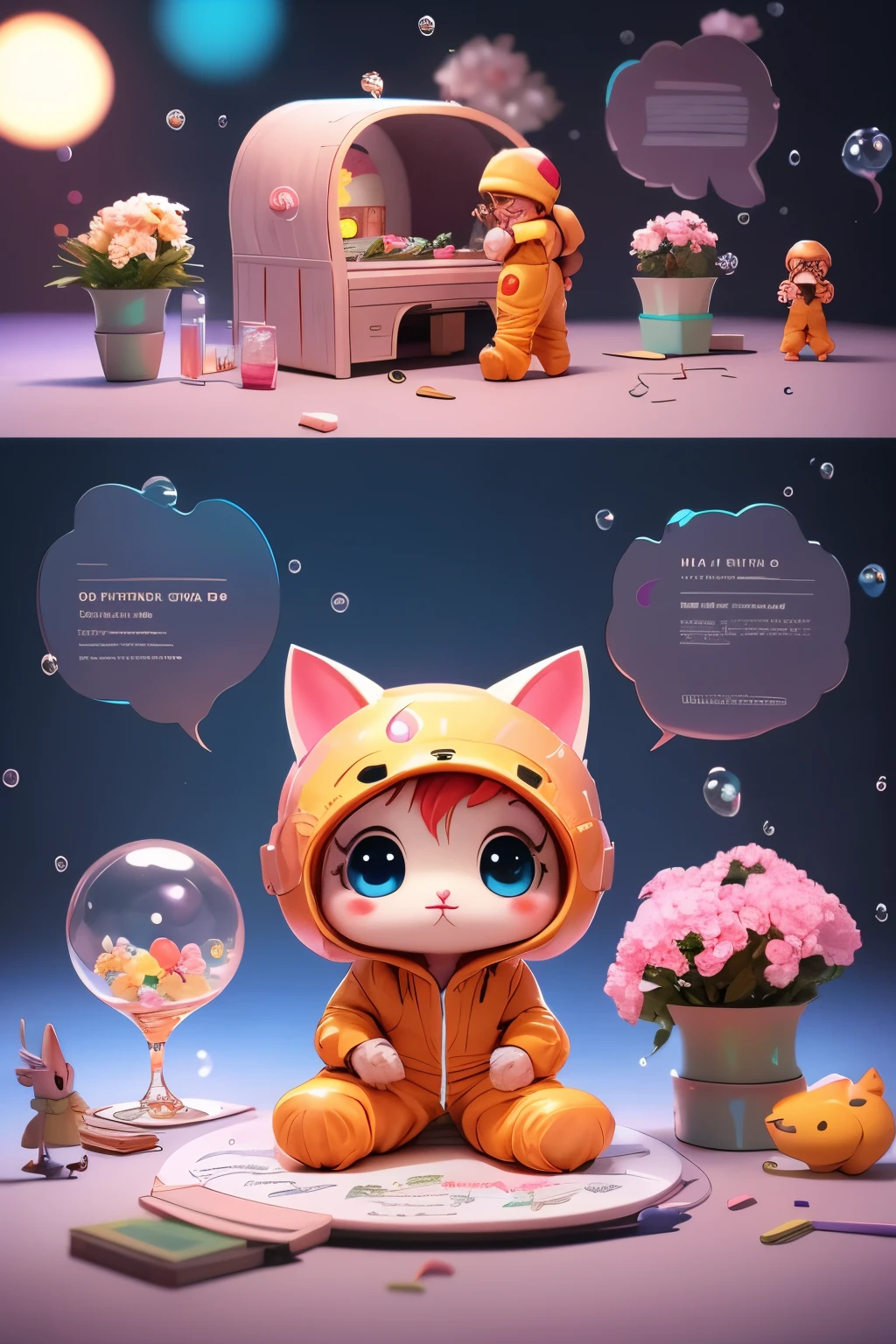 Super Lovely kitten full body 3d drawing, 1pc, nice eyes, big eyes, Lovely, happy, c4d, pop matte blind box, glow的气泡, Toy, solid color background, chibi, Fluorescent translucent, glow, kawaii, Toy娃娃, ((((Home, cute jumpsuit))), Reference table, Bubble Mart Blind Box, Pixar, intricate details, 3d rendering, mixer, Overclocked renderer, 身体Reference table, dribbble , high detail, 8k, studio lighting, Change, small, child, chibi, SD character: 1.1, flower shop background