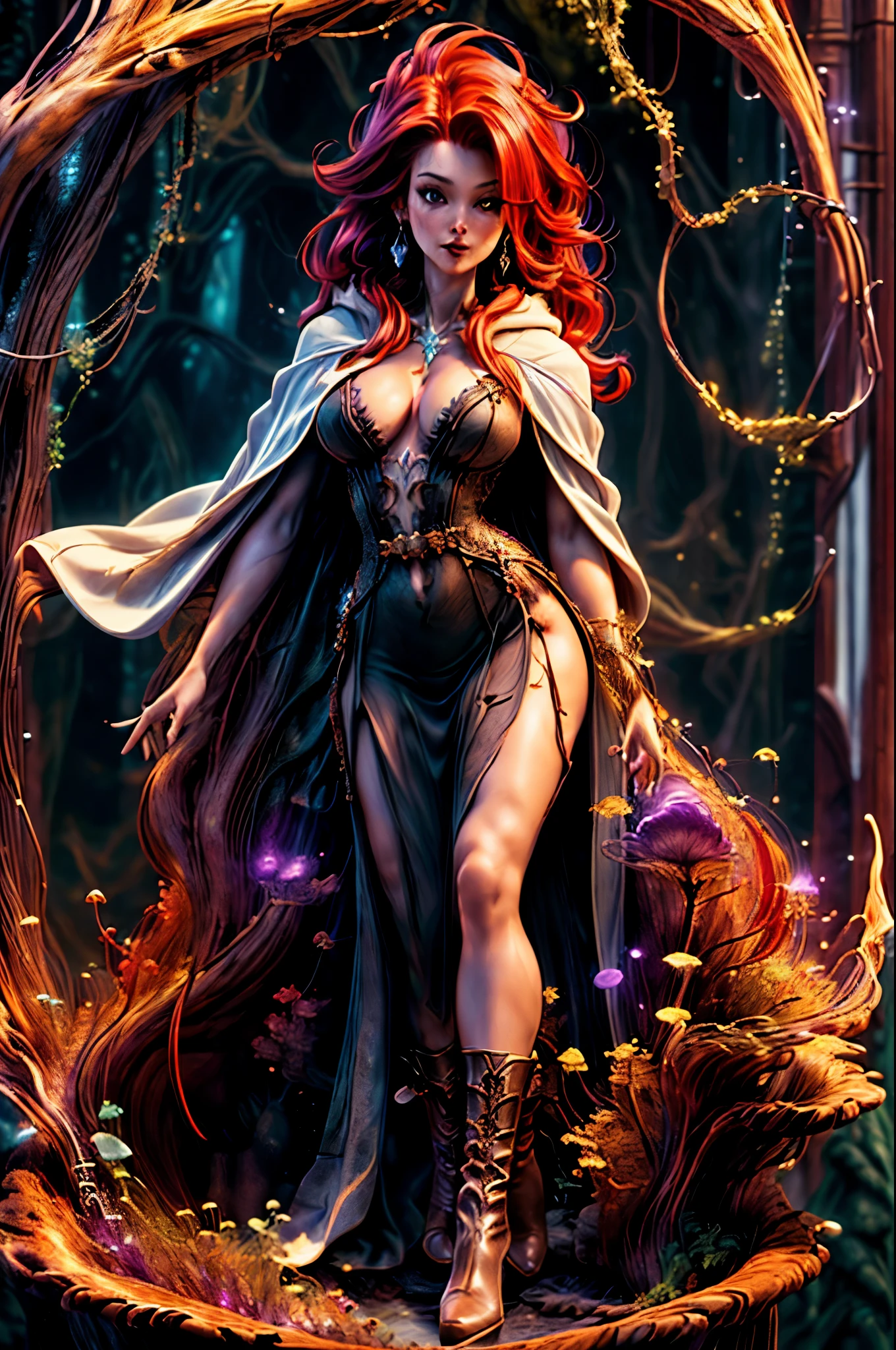 high details, best quality, 8k, [ultra detailed], masterpiece, best quality, (extremely detailed), full body, ultra wide shot, julie bell style (ultra details, Masterpiece, best quality), fantasy art, dnd art,fantasy art, realistic art, a sorceress casting a Glowing Purple spell in magical library (ultra details, Masterpiece, best quality), exquisite beautiful human woman (ultra details, Masterpiece, best quality), red hair, long hair, (long black dress: 1.2), (white cloak: 1.3), high heeled boots (ultra details, Masterpiece, best quality) Glowing Purple