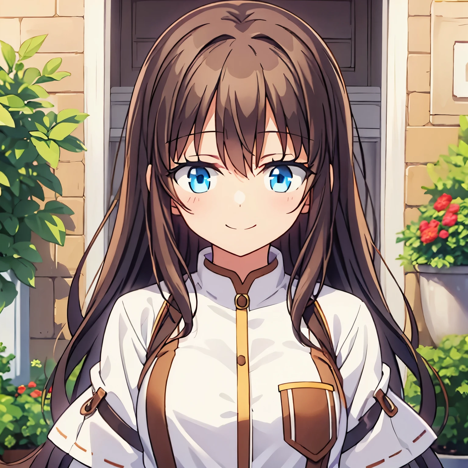 Brown hair girl with white vest smiling
