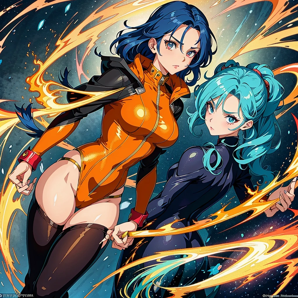 In the heart of the manga anime world, a fiery woman with a unique style emerges. Her expression is one of unyielding determination, with dynamic features accentuating her jawline and high cheekbones. Her eyes gleam with intensity, reflecting the unwavering spirit within. Vibrant, electric-blue hair cascades down her back in intricate, wild curls, defying conventional norms.
Individuality pours from this woman's every pore. Her clothing is a bold, eclectic mix: a fitted, iridescent bodysuit revealing toned muscles, layered with a sweeping, flowing coat in dazzling orange and gold