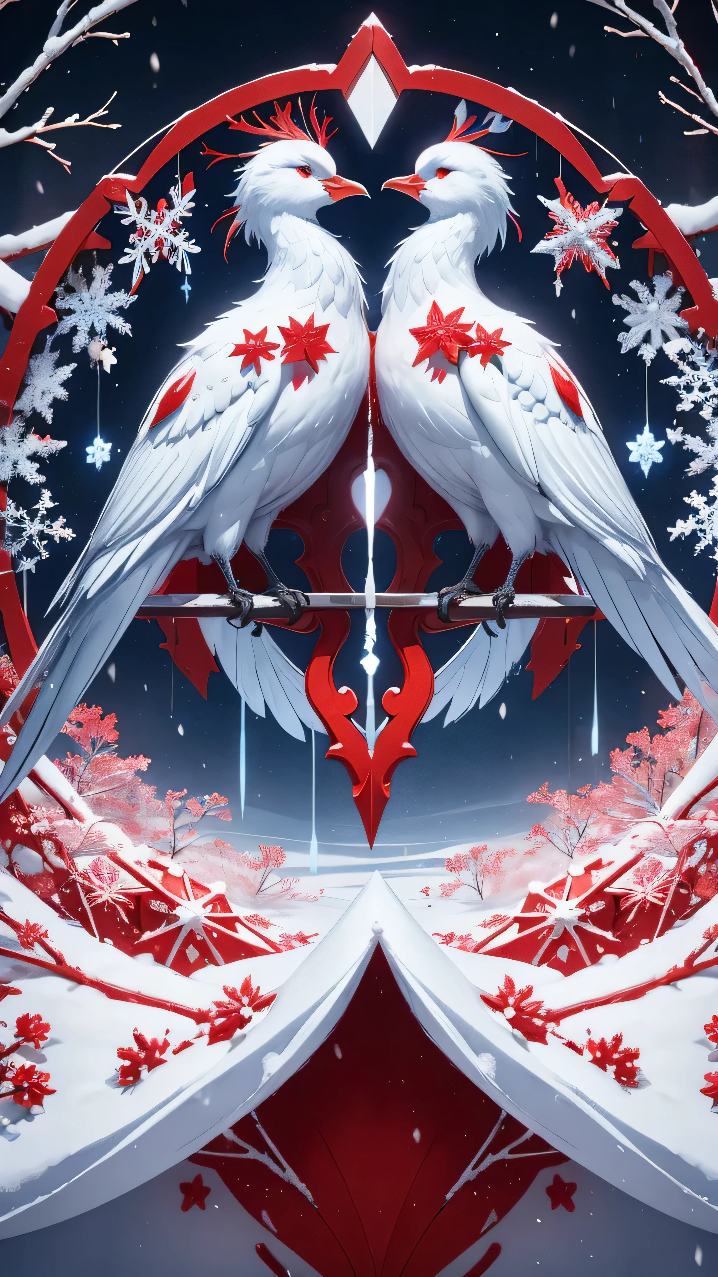 raw photo,Beautiful symmetrical red matte heart ,blue snowflakes and white birds in the distance,. High image detail,Clear Focus, High Quality 8K,high contrast,