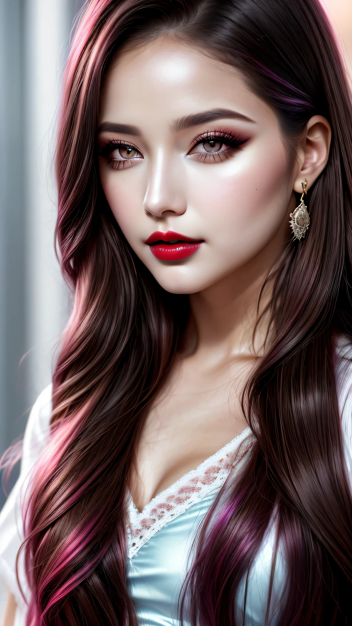 Ultra-realistic movie master pie with ultra-detailed primetime portraits, high quality, 8K, table top, Ultra HD), 1 girl 25 years old、fashion supermodel, ((Random style and color hair)), masterpiece, high quality, high quality, High resolution、(close up of face), black_mascara put in Long eyelashes:1.5, dark (eyesshadows:1.25), (Glossy) red_lips:1.44, ((brown_eyes)), iridescent eyes, vibrant eyes:1.2, high contrast, pink shot:1.175