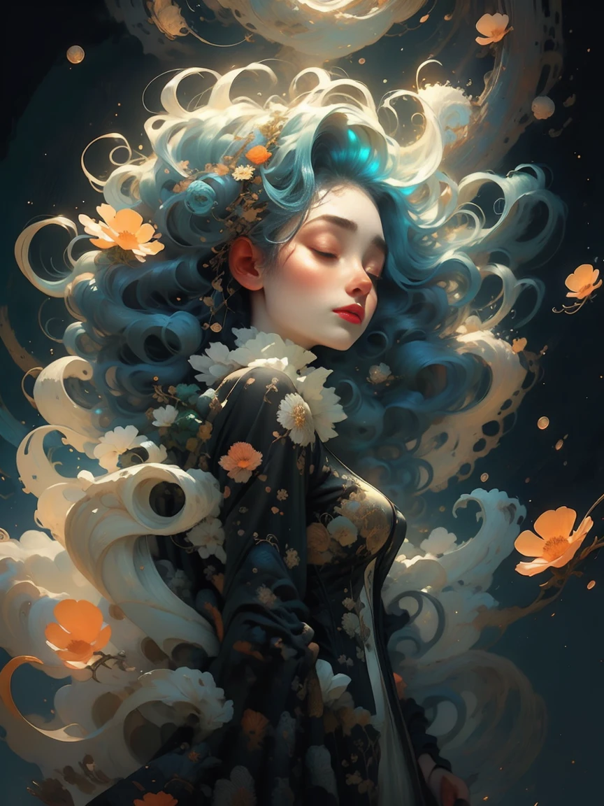 woman floating in the air, (multi-color hair), limp body, asleep, vibrant opalescent lighting, flecks in the air, dynamic lighting, warm color pallet, knit, brocade, gold carp, strange black fish, poppies, swirling air movement, wide angle, full body view, loose fabric, geometric shapes, small breasts, sherbet, persimmon, up-do hair