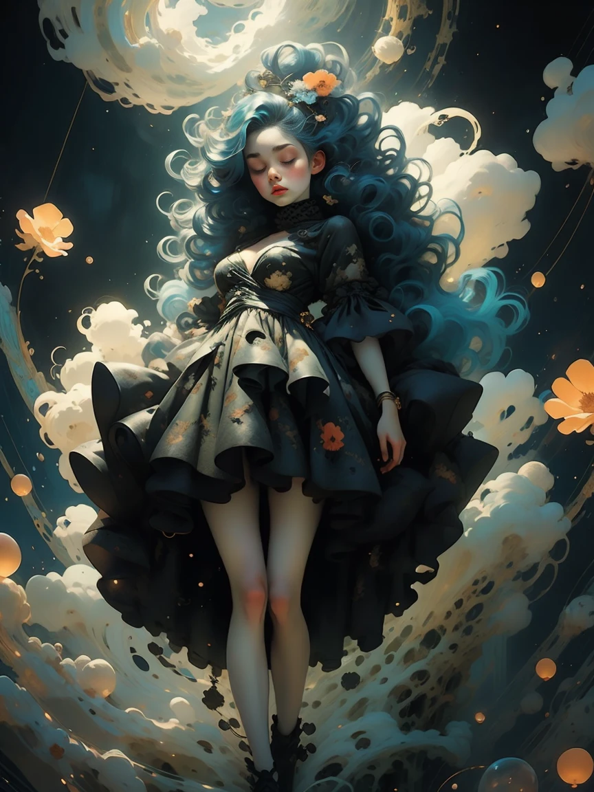 woman floating in the air, (multi-color hair), limp body, asleep, vibrant opalescent lighting, flecks in the air, dynamic lighting, warm color pallet, knit, brocade, gold carp, strange black fish, poppies, swirling air movement, wide angle, full body view, loose fabric, geometric shapes, small breasts, sherbet, persimmon, up-do hair