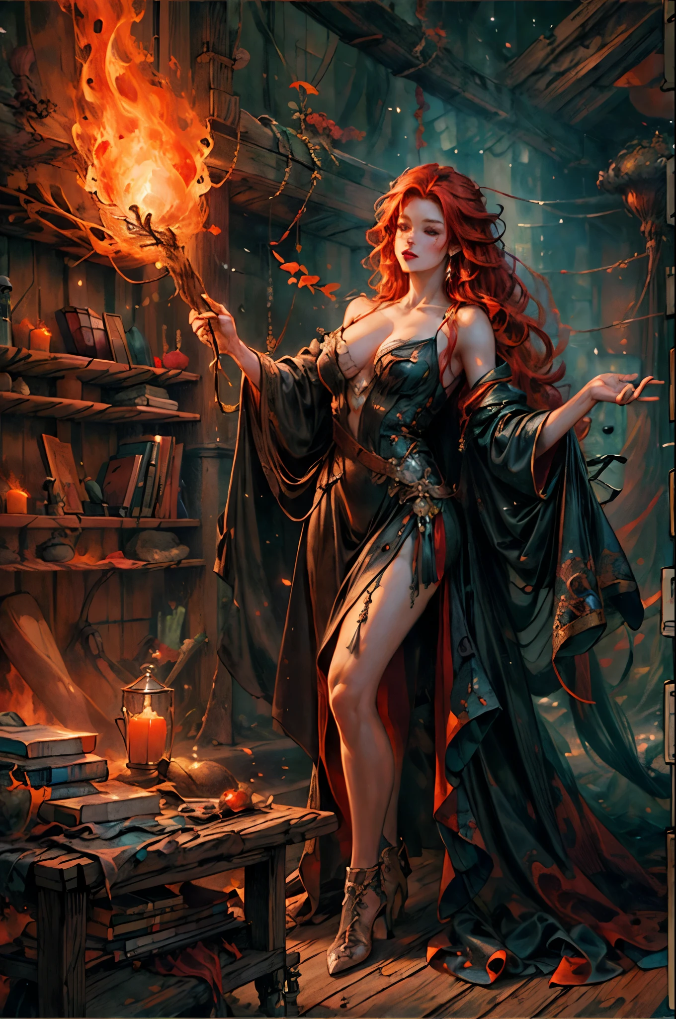 high details, best quality, 8k, [ultra detailed], masterpiece, best quality, (extremely detailed), full body, ultra wide shot, julie bell style (ultra details, Masterpiece, best quality), fantasy art, dnd art,fantasy art, realistic art, a sorceress casting a fire spell in magical library (ultra details, Masterpiece, best quality), exquisite beautiful human woman (ultra details, Masterpiece, best quality), red hair, long hair, (long black dress: 1.2), (white cloak: 1.3), high heeled boots (ultra details, Masterpiece, best quality) red fire