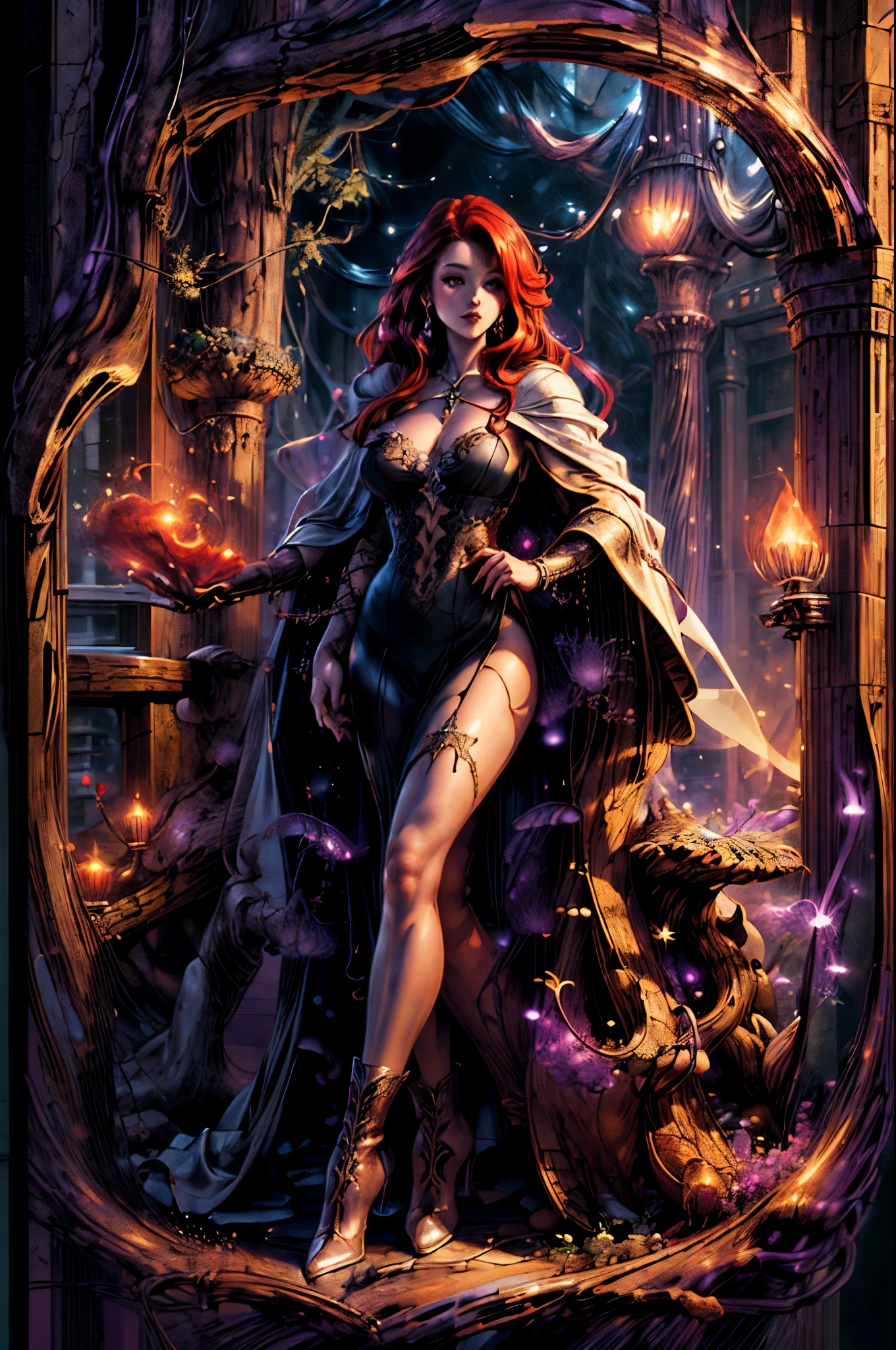 high details, best quality, 8k, [ultra detailed], masterpiece, best quality, (extremely detailed), full body, ultra wide shot, julie bell style (ultra details, Masterpiece, best quality), fantasy art, dnd art,fantasy art, realistic art, a sorceress casting a Glowing Purple spell in magical library (ultra details, Masterpiece, best quality), exquisite beautiful human woman (ultra details, Masterpiece, best quality), red hair, long hair, (long black dress: 1.2), (white cloak: 1.3), high heeled boots (ultra details, Masterpiece, best quality) Glowing Purple