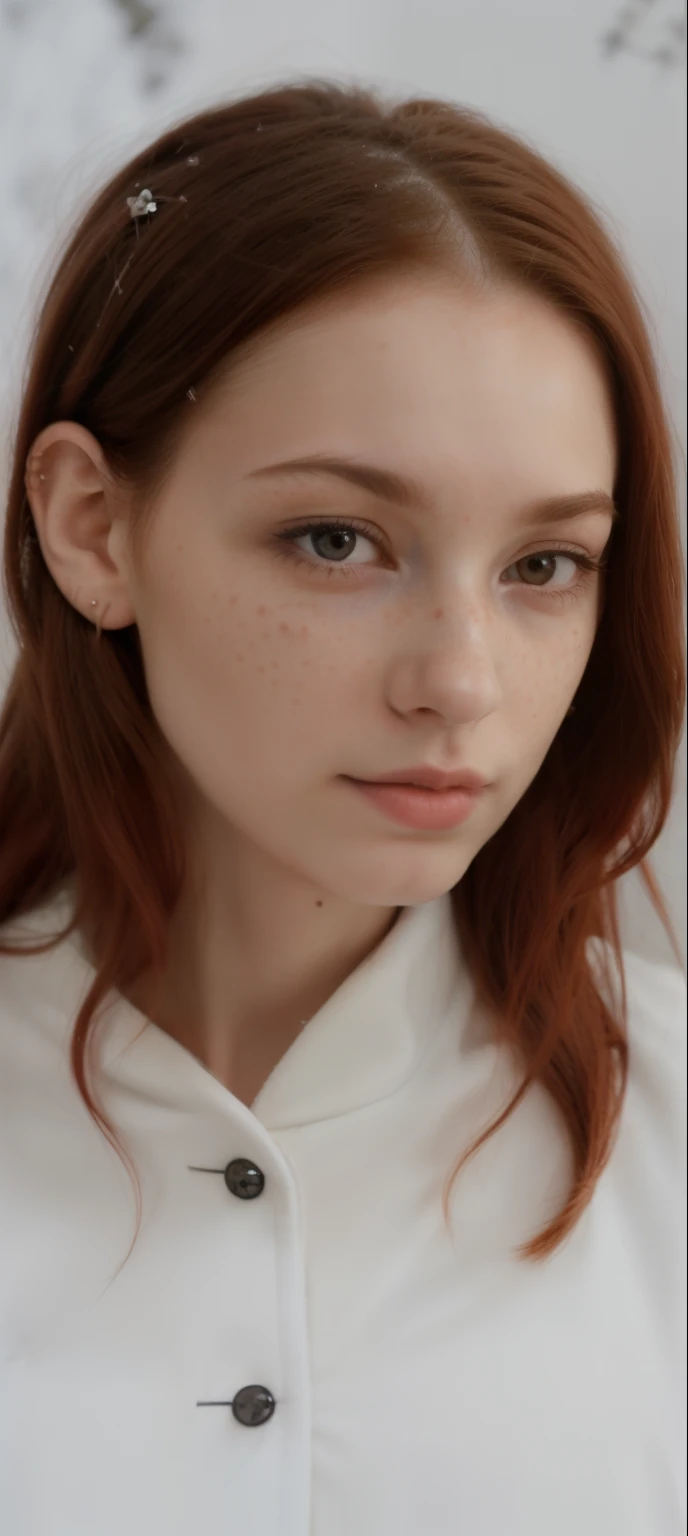 arafed image of a woman with a furry coat and a cat, androgynous face, nose piercing, small nose with freckles, freckles on the nose, pointy nose, small freckles, small lips pointy nose, perfect detailed face, facial piercings, cute freckles, piercing stare, thin button nose, buetifull, red hair, hair parted to the side, full-body view, full-body view, full-body view, snow white colored skin, pale skin, cute face, cute face, young,