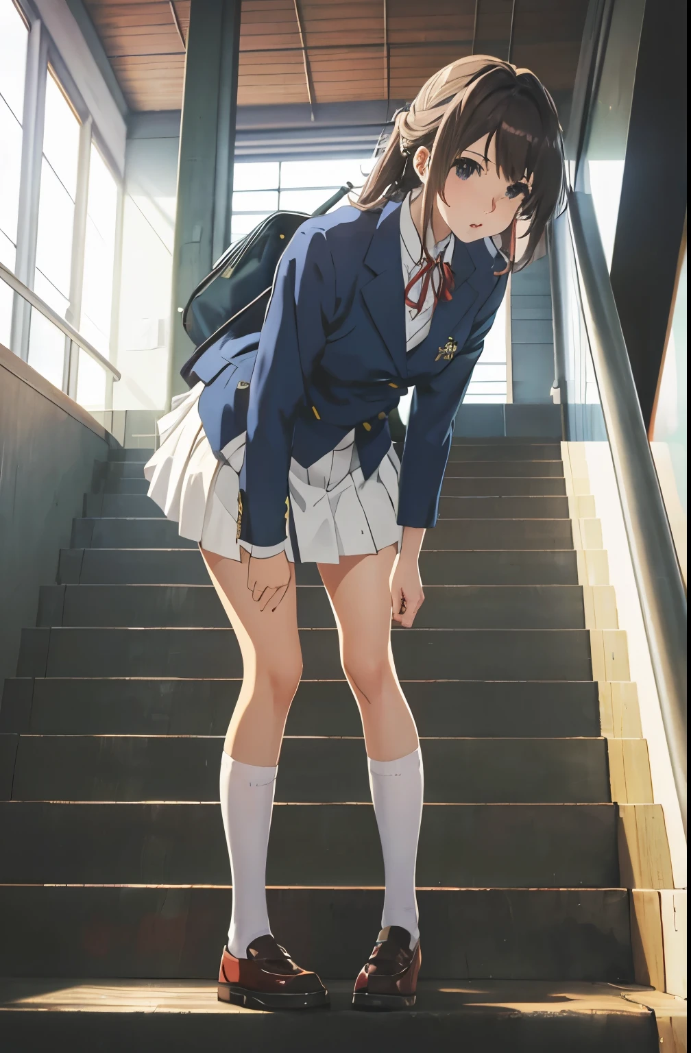 on the stairs at the station,going up stairs, (looking straight ahead:1.2), nsfw, (leaning forward:1.2) ,panties shot, white panties,from below,(日本の制服、カウボーイショット)