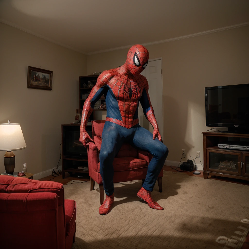spiderman is sitting on armchair,room,american style room,in room having old TV,christmas tree in room,1 person,
