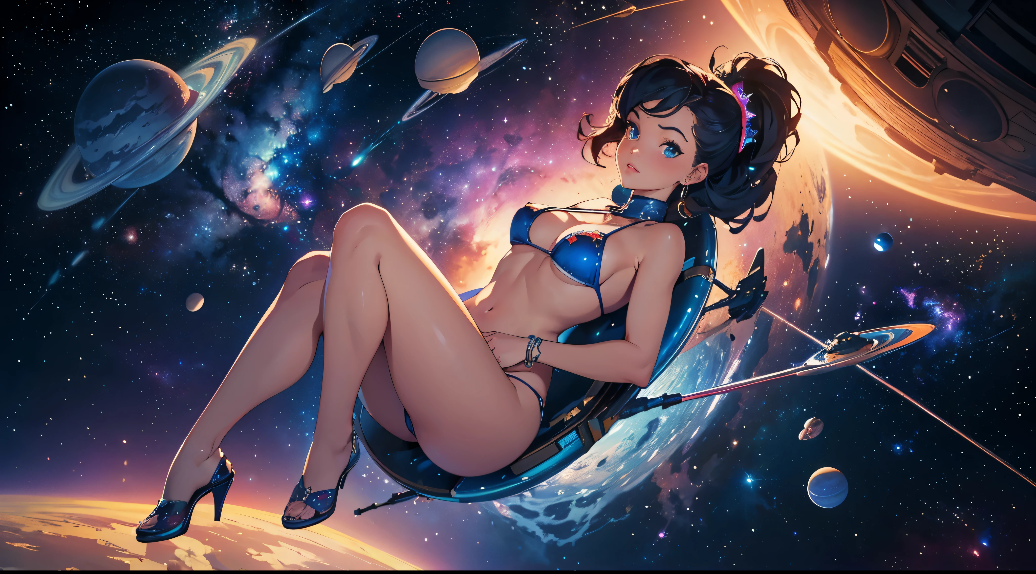 masterpiece, highest quality, (very detailed), the most beautiful artwork in the world, (1woman), pinup model, sexy, micro bikini, floating in space, 1planet, stars, (vivid colors), nebula, space dust, sci fi, space