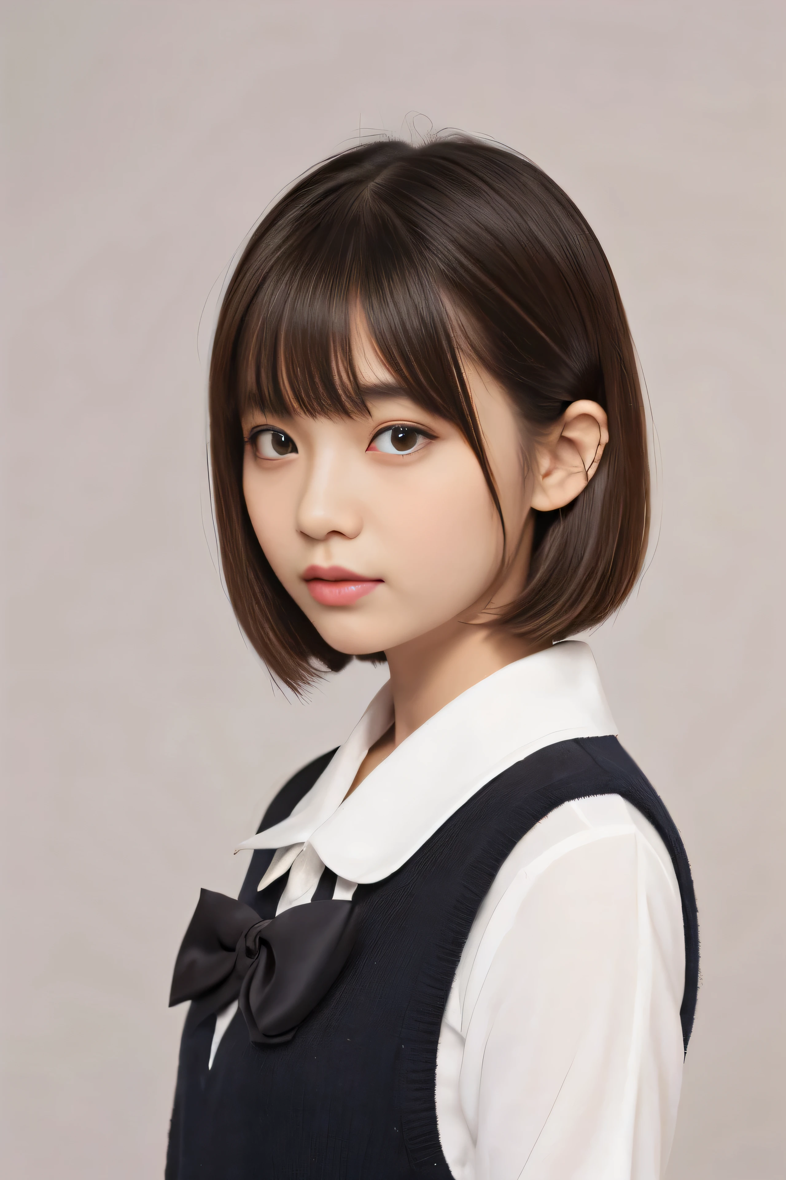 ski style, 1 girl, alone, chestnut hair, maroon eyes, wing, looking at the viewer, mole, bangs, short hair, bow, sailor collar, simple background, hair bow, pink bow, closed mouth, shirt, white shirt, bob cut, mini wing, gray background, portrait, detached wing, compensate, Upper body, white background