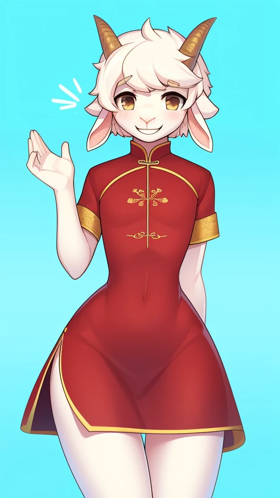 Best quality, Super detailed illustration, (1 boy:1.2), (goat:1.4) , feminine face and body, disheveled thick hair, Chinese dress, shy smile, Femboy, small waist, wide hips, Slim, perfect body, style "don't worry",
