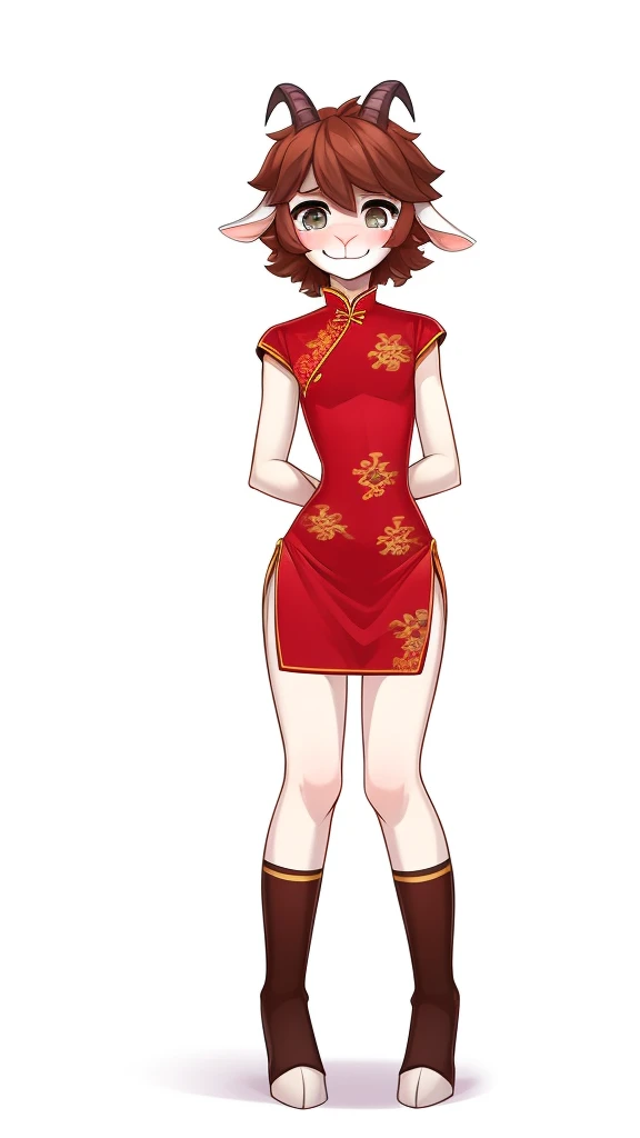 Best quality, Super detailed illustration, (1 boy:1.2), (goat:1.4) , feminine face and body, disheveled thick hair, Chinese dress, shy smile, Femboy, small waist, wide hips, Slim, perfect body, style &quot;don&#39;t worry&quot;, 