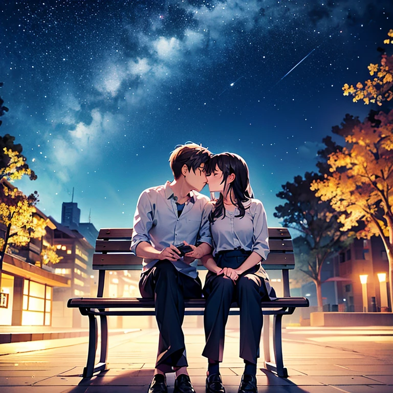 The night sky shines、on a park bench、A man and a woman have a gentle kiss、