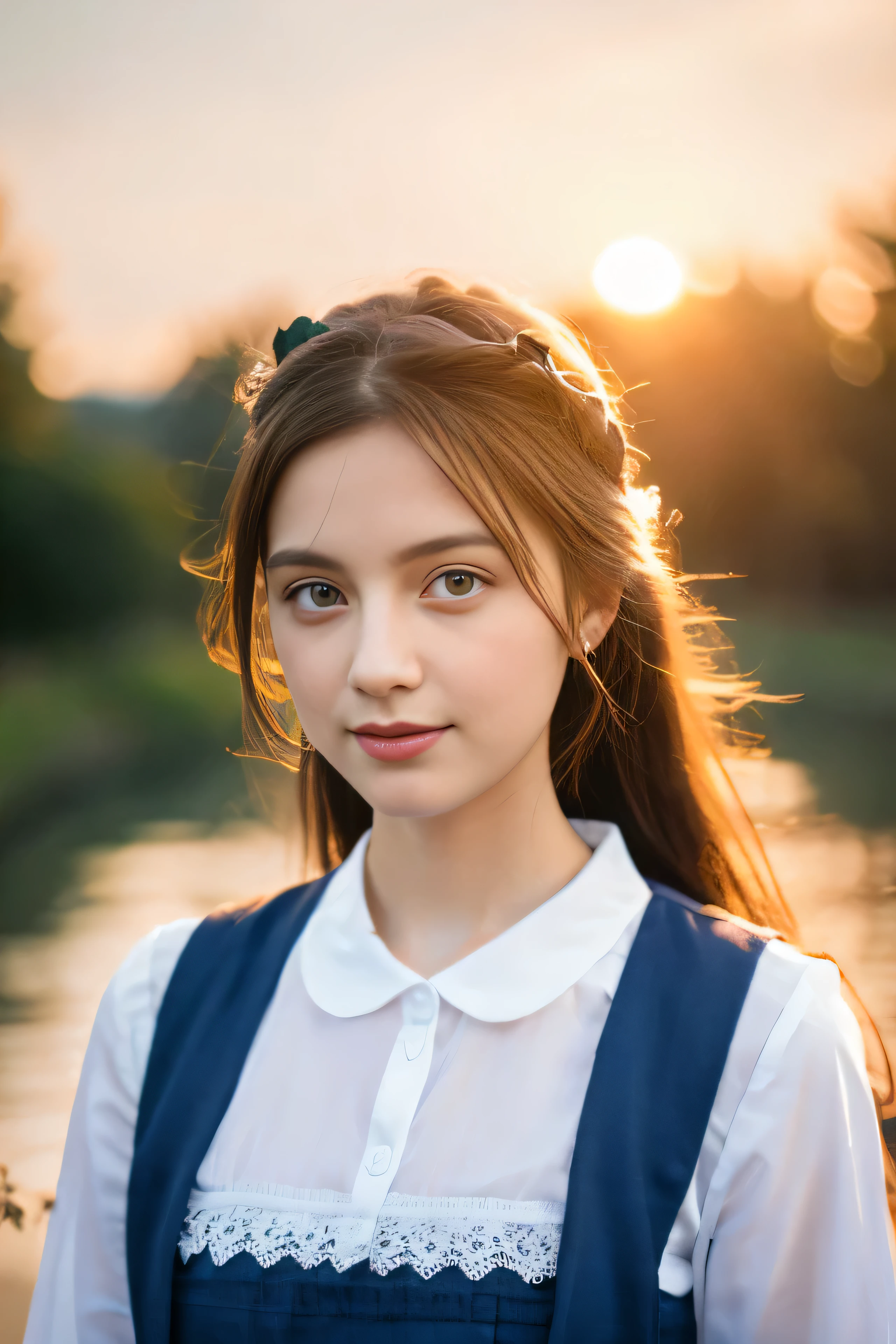 High-definition images,20-year-old woman in Ukrainian costume、Blue eyes with a wreath on the head of the corolla、Blue eyes on background、river、blue sky、Realistic high quality image of a bright sunset in the afternoon,