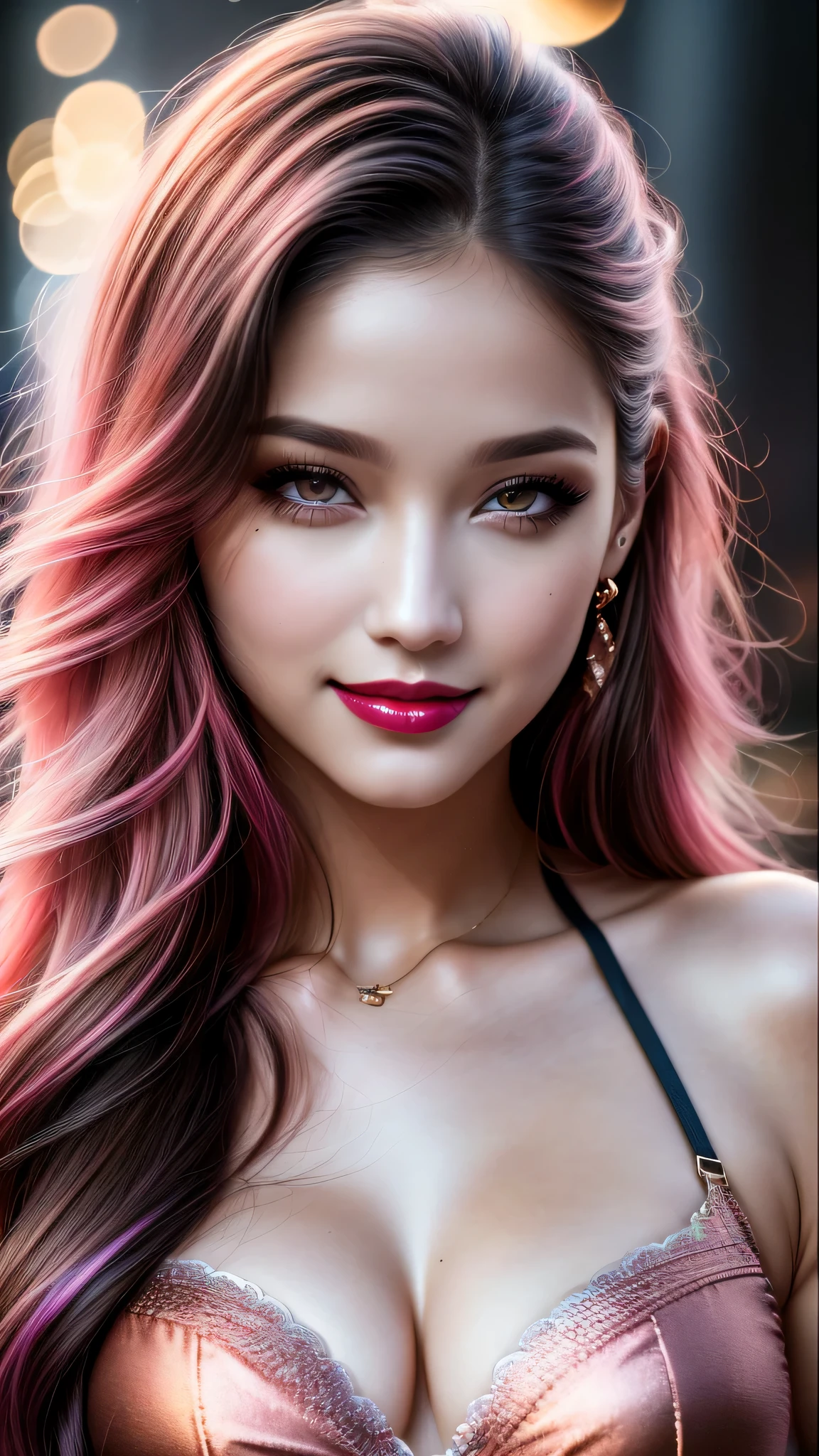 Ultra-realistic movie master pie with ultra-detailed primetime portraits, high quality, 8K, table top, Ultra HD), 1 girl 25 years old、fashion supermodel, ((Random style and color hair)), masterpiece, high quality, high quality, High resolution、(close up of face), black_mascara put in Long eyelashes:1.5, dark (eyesshadows:1.35), (Glossy) red_lips:1.44, ((brown_eyes)), iridescent eyes, vibrant eyes:1.2, contrast, pink shot:1.175, ((seductive smile))