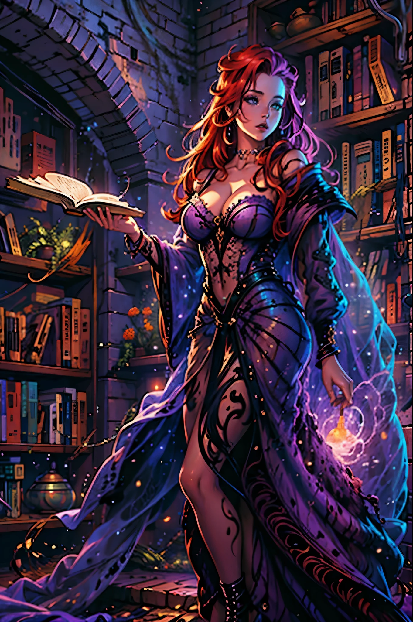 high details, best quality, 8k, [ultra detailed], masterpiece, best quality, (extremely detailed), full body, ultra wide shot, julie bell style (ultra details, Masterpiece, best quality), fantasy art, dnd art,fantasy art, realistic art, a sorceress casting a Glowing Purple spell in magical library (ultra details, Masterpiece, best quality), exquisite beautiful human woman (ultra details, Masterpiece, best quality), red hair, long hair, (long black dress: 1.2), (white cloak: 1.3), high heeled boots (ultra details, Masterpiece, best quality) Glowing Purple